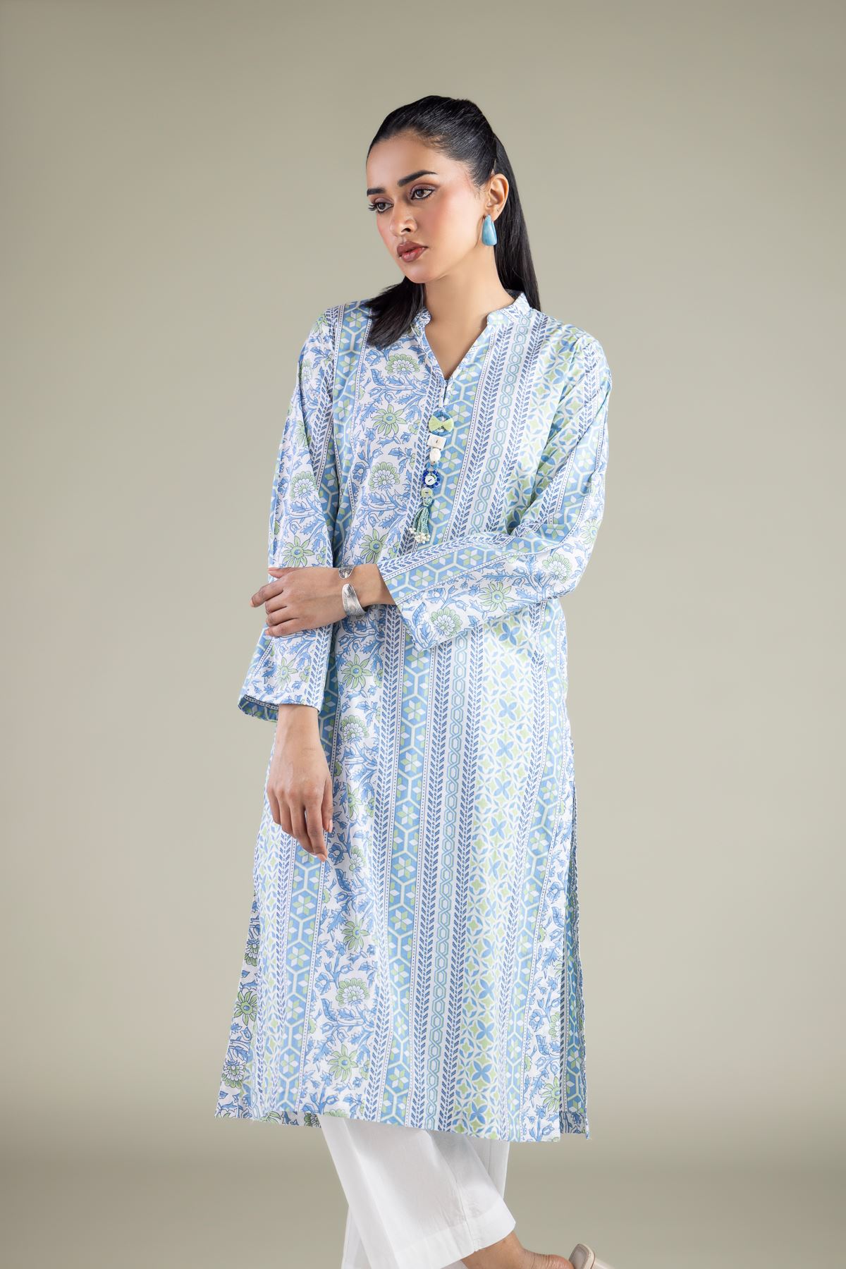 Printed Cambric Geometric Band-Collar Kurta - 1-26-119-A-F-VG