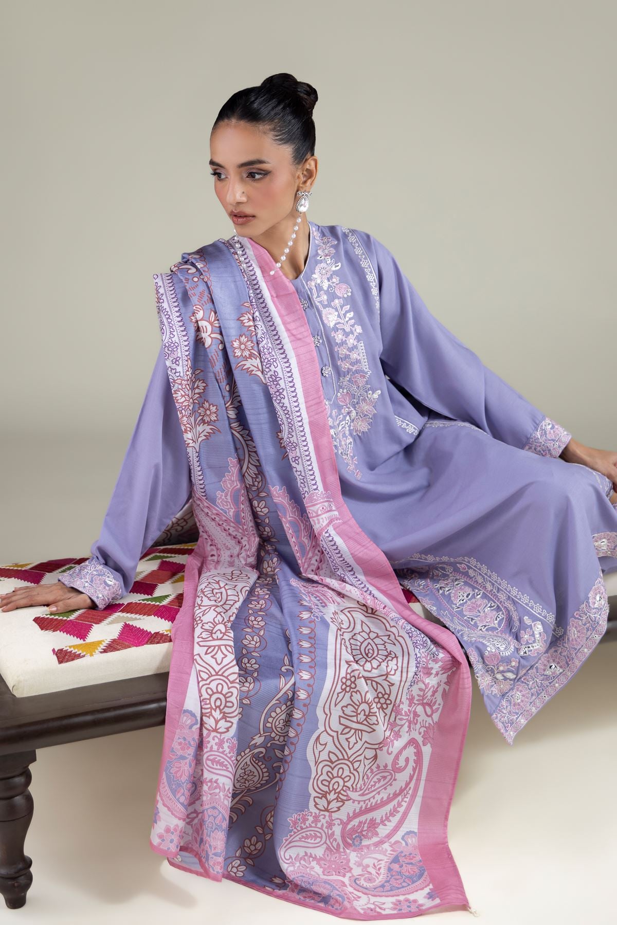 Embroidered Raw Silk Paisley Longline Kurta - 2-26-112-A-B-VG