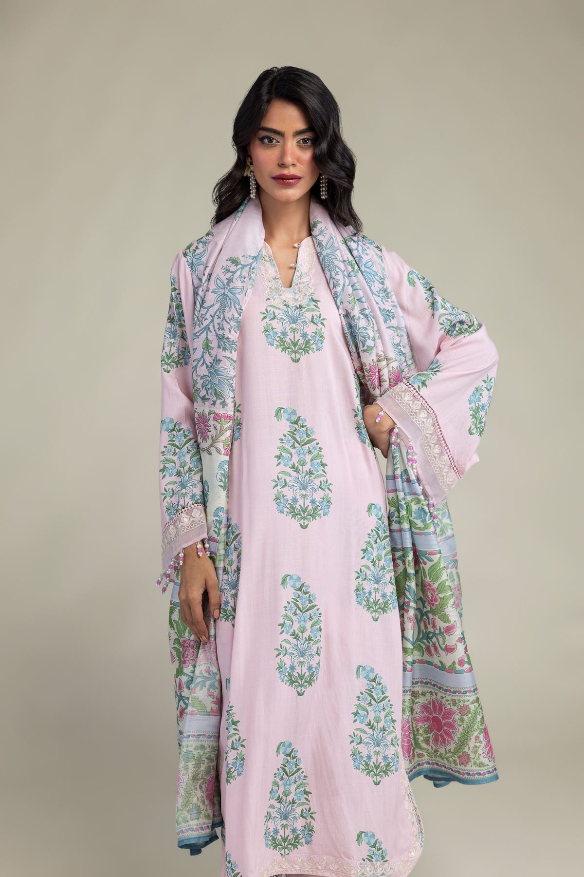 Embroidered Raw Silk Long Pink Kurta - 8-26-216-B-B1-VG