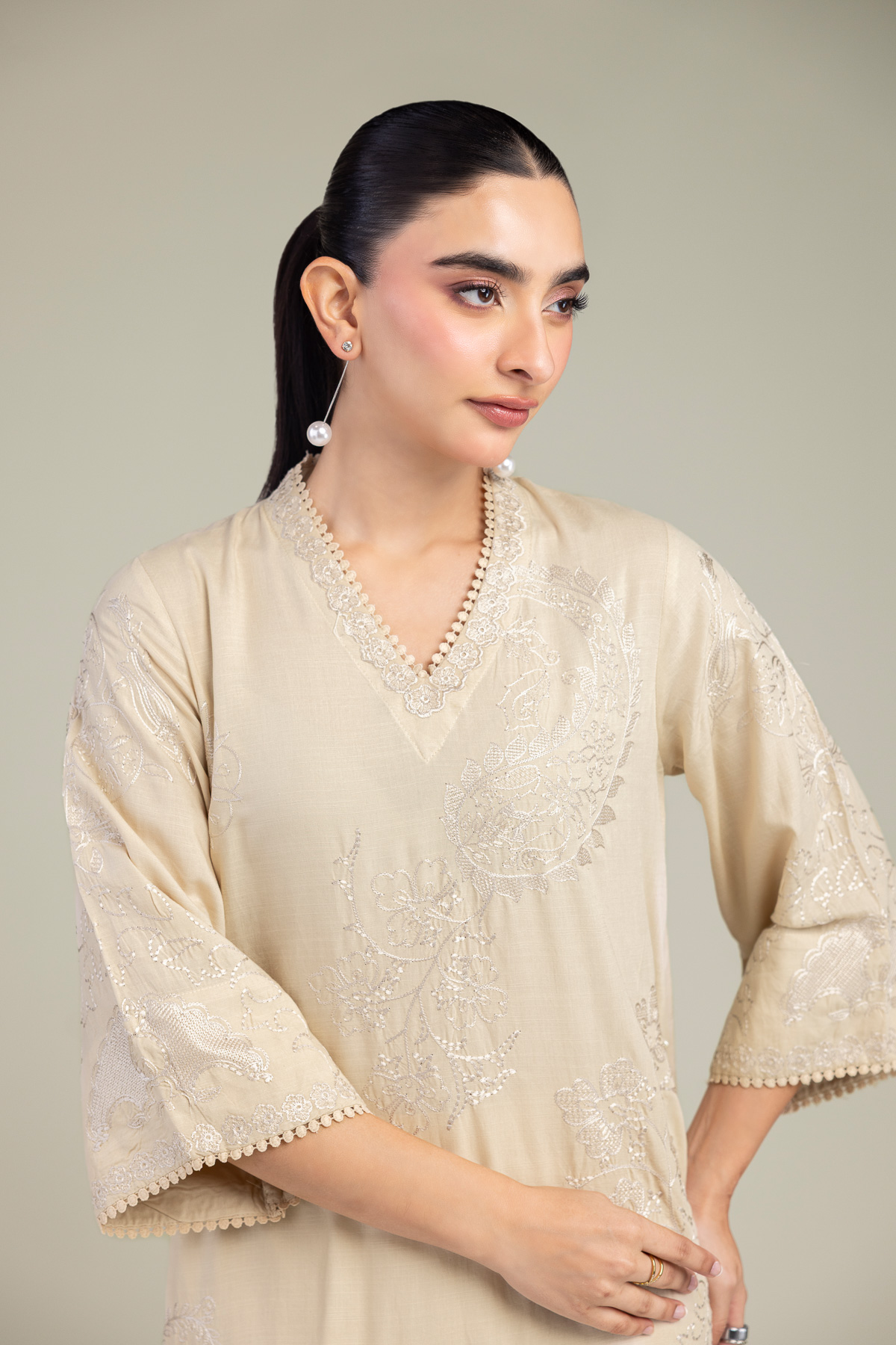 Embroidered Raw Silk Floral V-Neck Kurta - A22-26-214FH1-VG