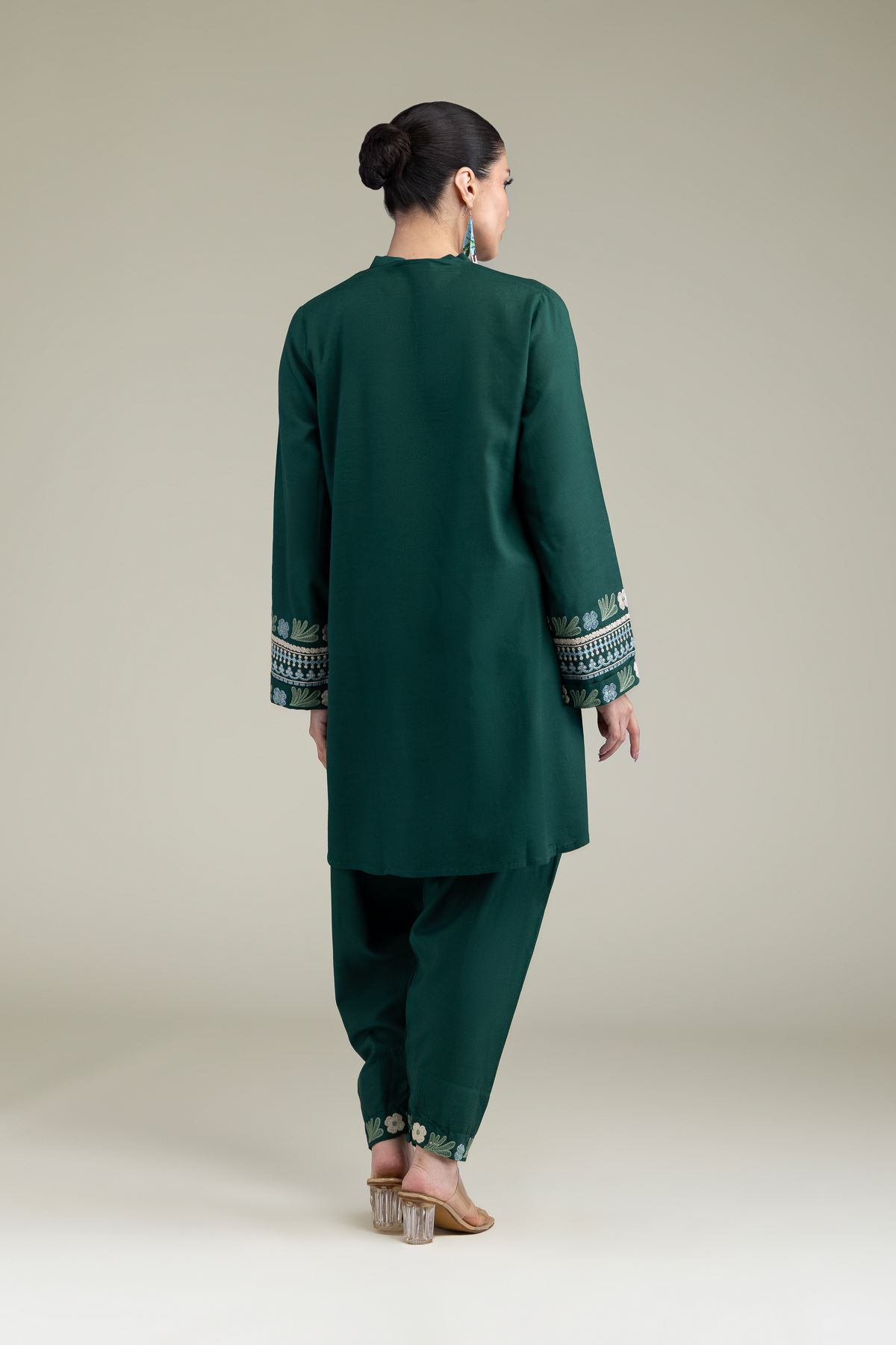 Embroidered Raw Silk Green V-Neck Kurta - 1-26-238-A-J1-VG