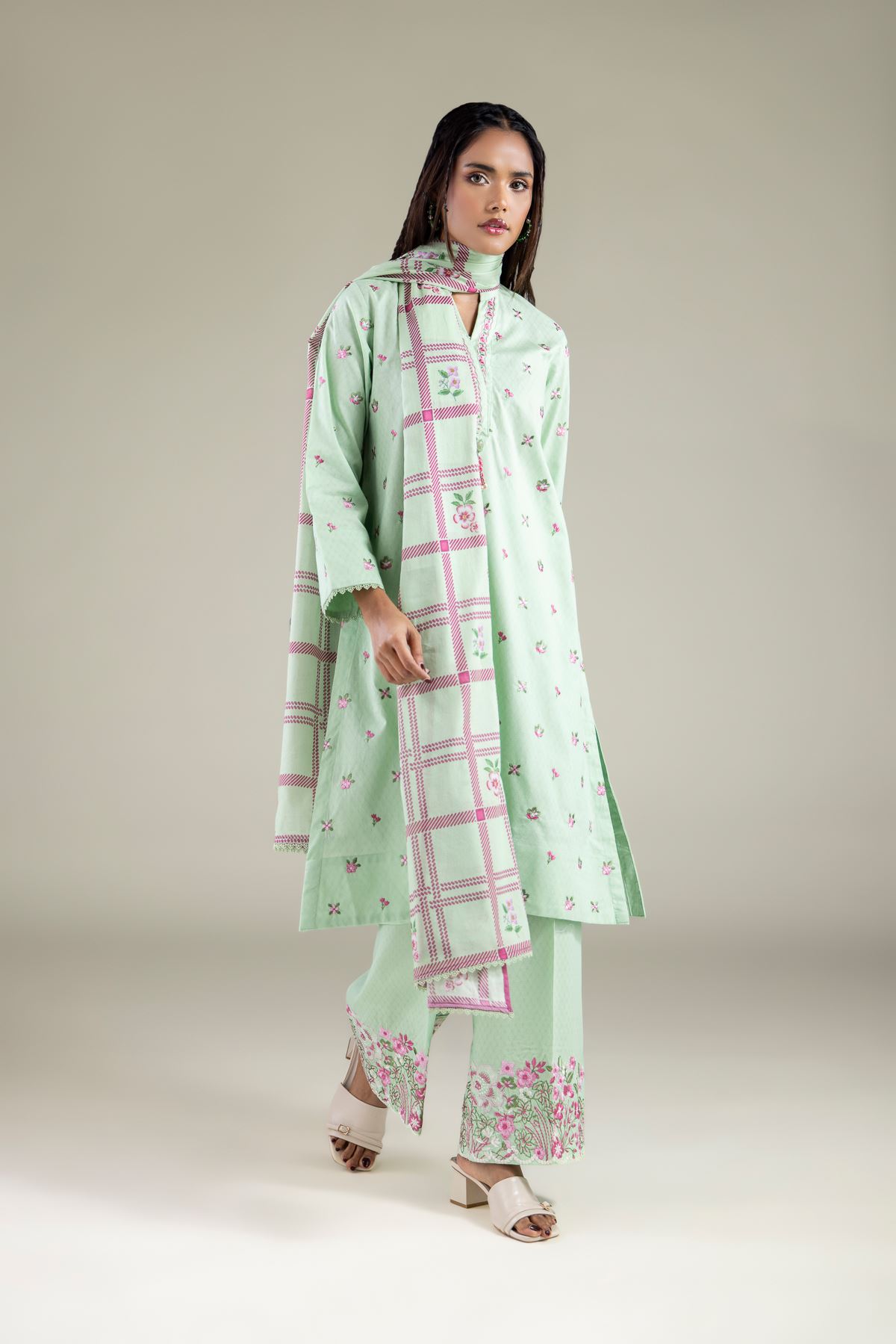 Embroidered Lawn Floral Geometric Dupatta - 1-26-119-C-G-VG