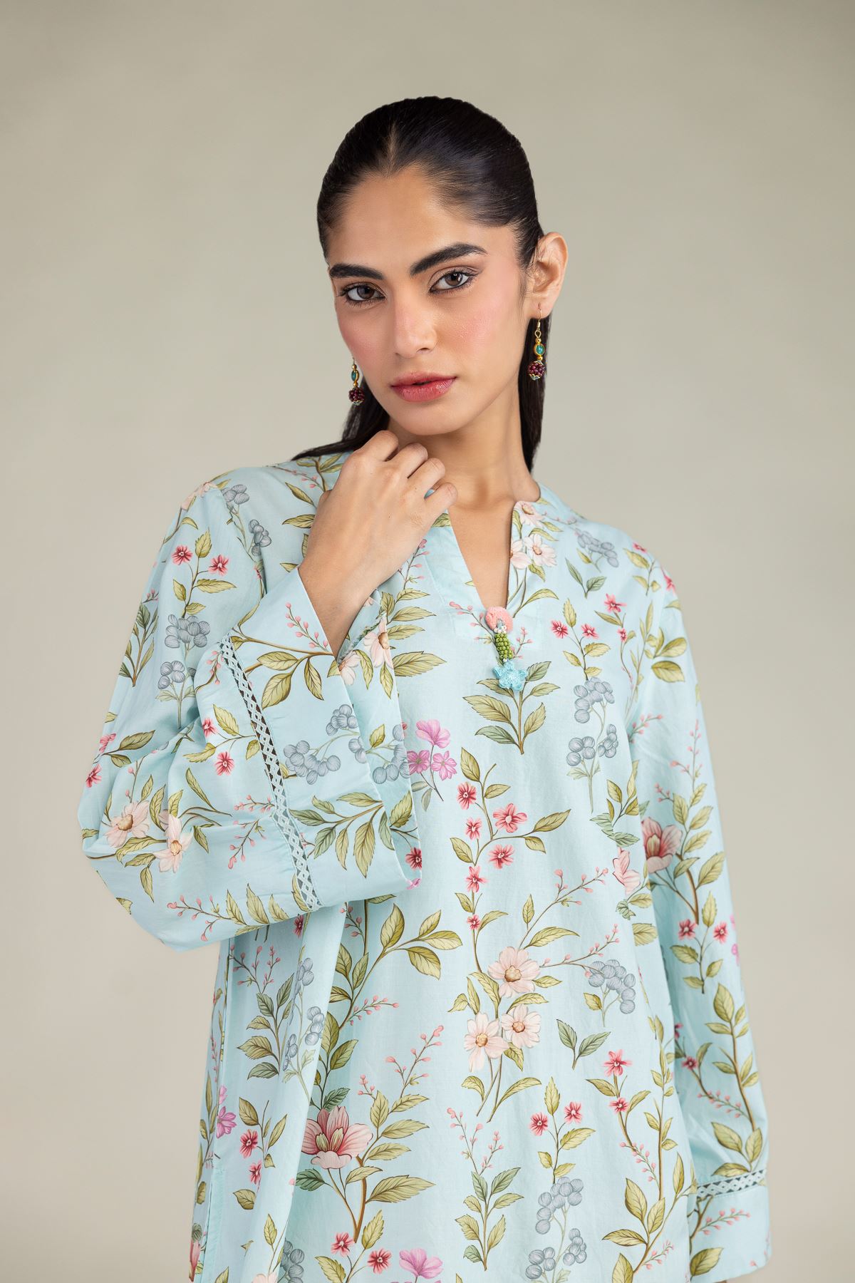Printed Cotton Viscose Blue V-Neck Kurta - 1-26-216-B-F1-VG