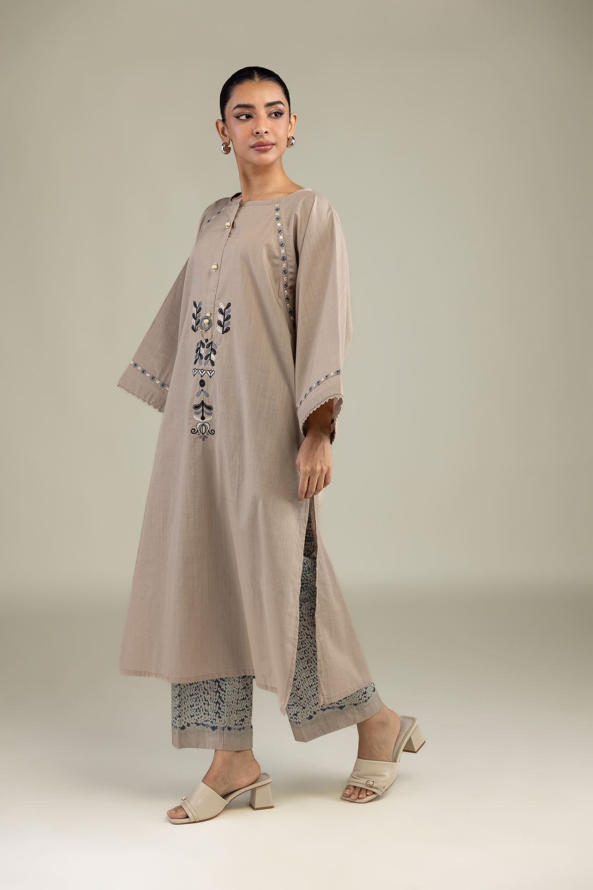 Textured Cotton Embroidered Beige Cotton Pants - 1-26-102-A-F-VG