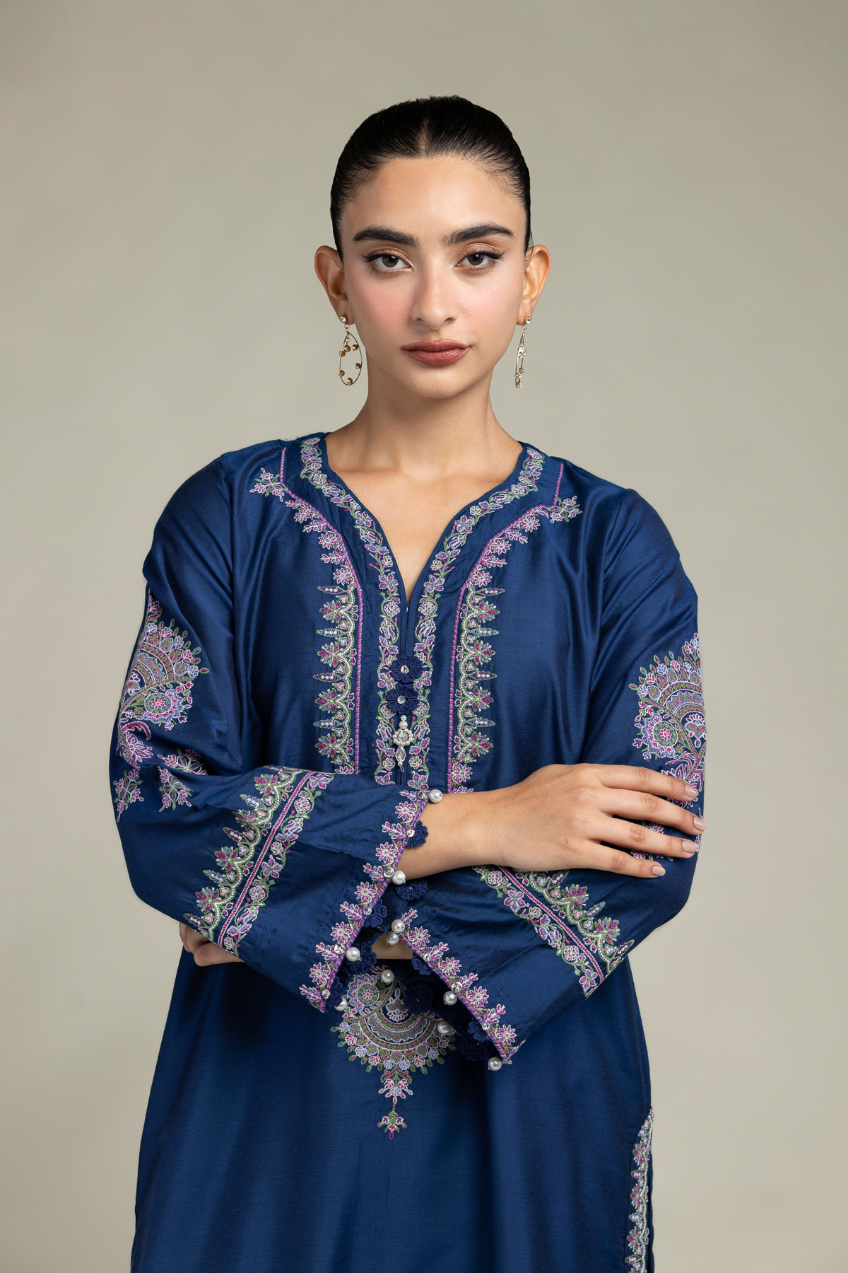Embroidered Raw Silk Navy Longline Kurta - 1-26-249-A-J2-VG