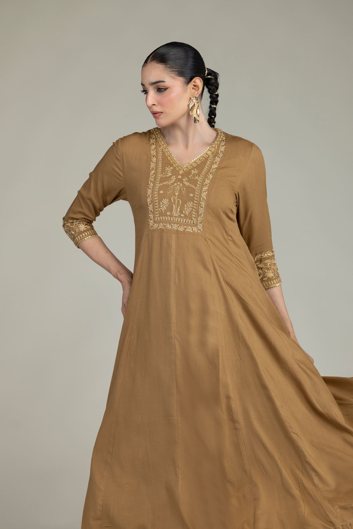 Embroidered Raw Silk V-Neck Silk Kurta - 2-26-203-A-F1-VG