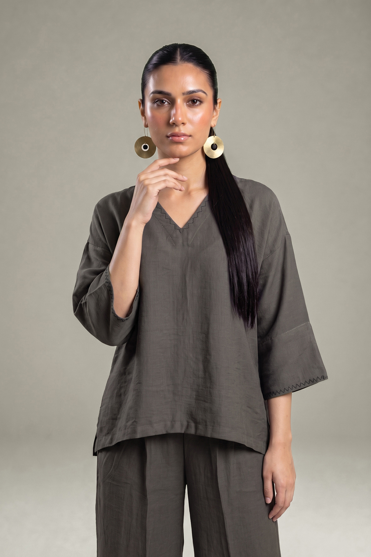 Dyed Crepe Solid V-Neck Tunic - 1-26-409-A-A-VG