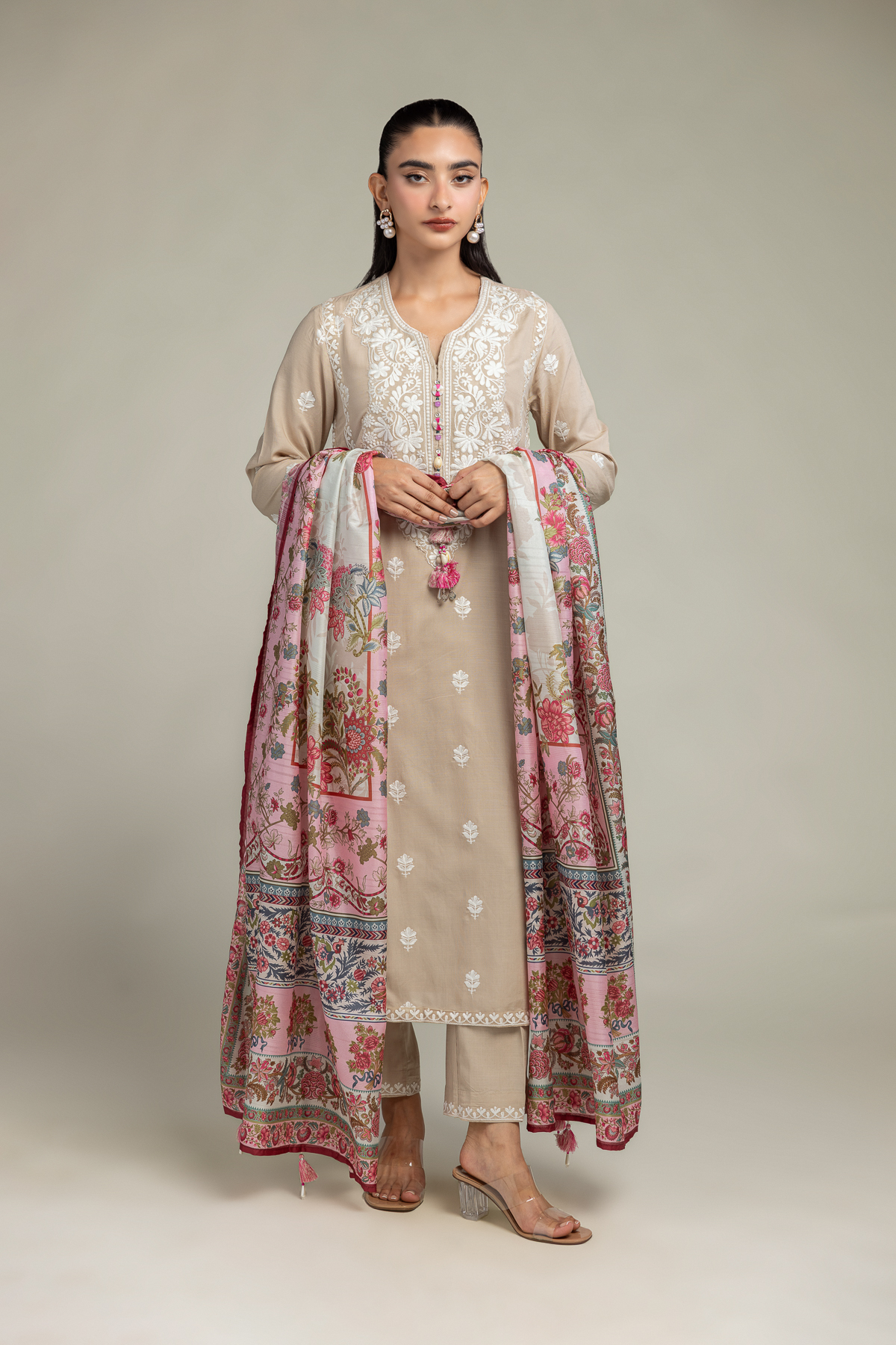 Embroidered Polyester Silk Pink Floral Dupatta - 2-26-202-A-D-VG