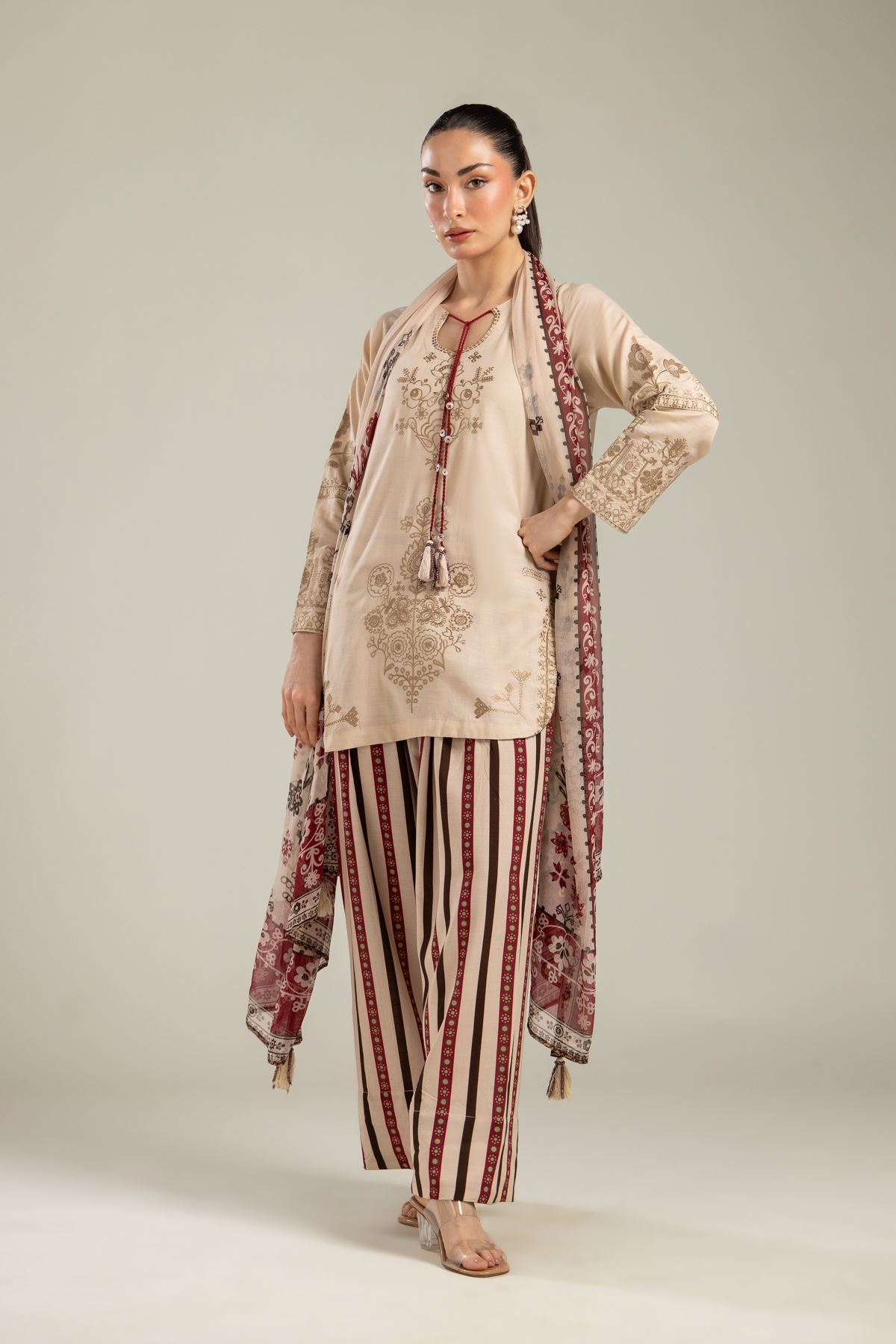 Embroidered Chiffon Floral Beige Dupatta - 2-26-202-A-D-VG