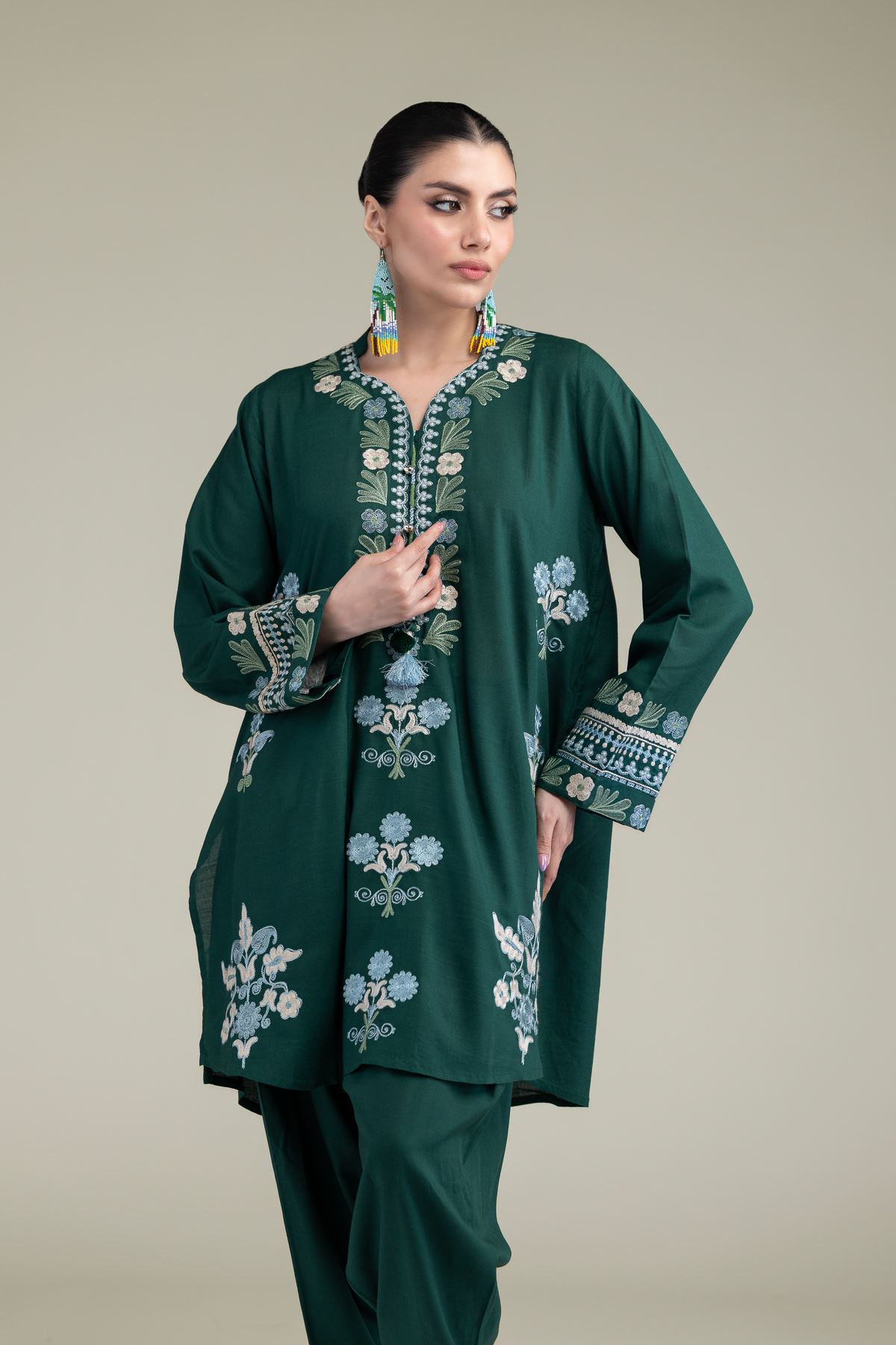 Embroidered Raw Silk Green V-Neck Kurta - 1-26-238-A-J1-VG