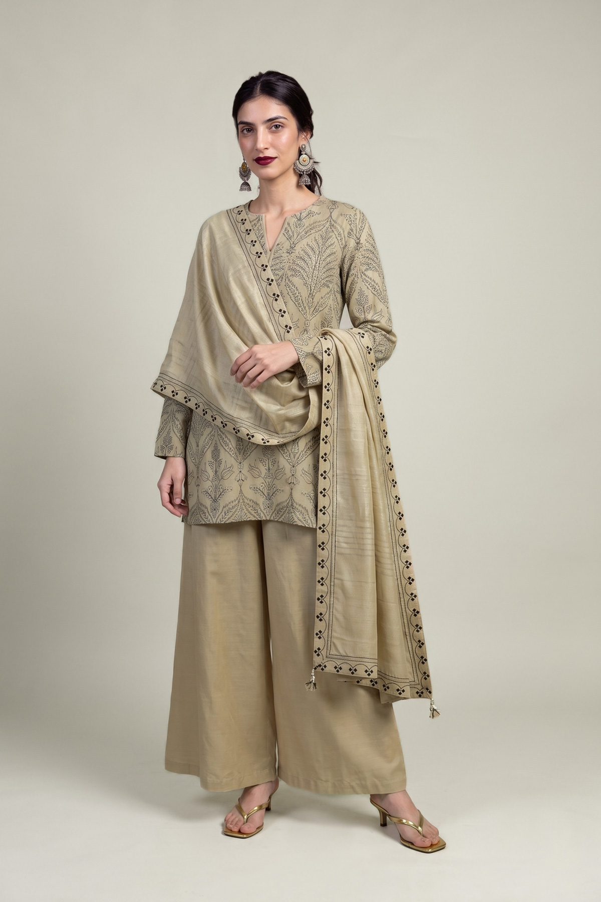 Embroidered Polyester Silk Beige Silk Dupatta - 1-26-309-B-D1-VG