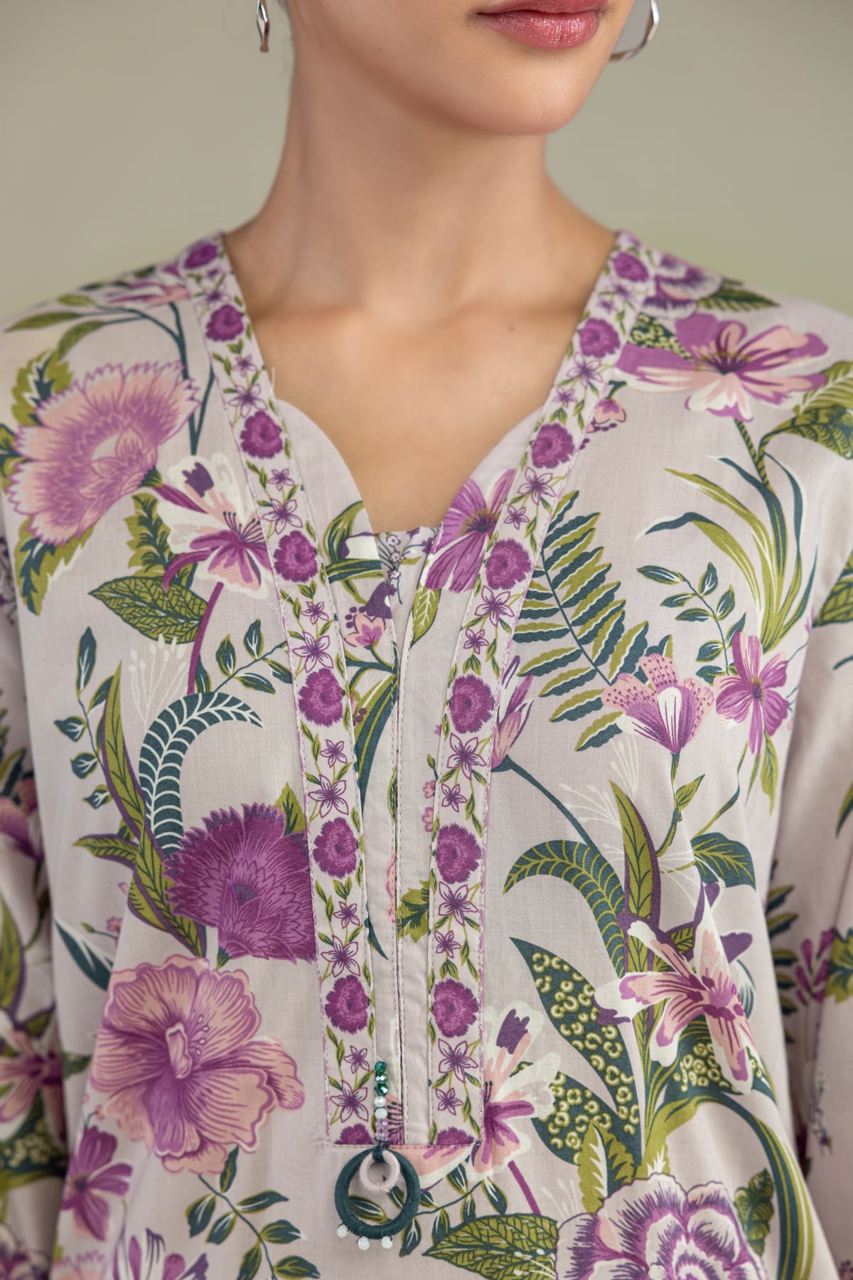 Printed Cambric Floral V-Neck Kurta - 1-26-239-A-G1-VG