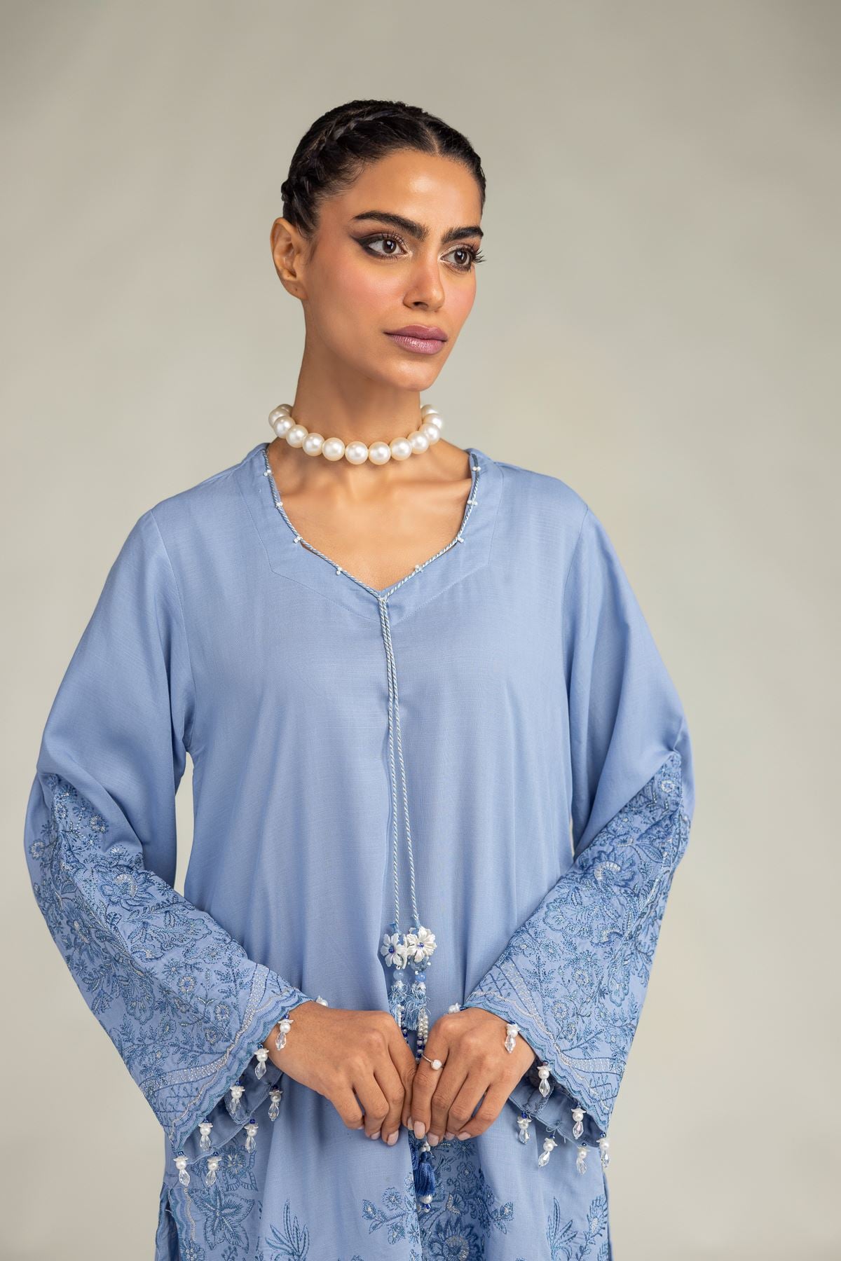 Embroidered Raw Silk Light Blue Kurta - 1-26-322-B-A1-VG
