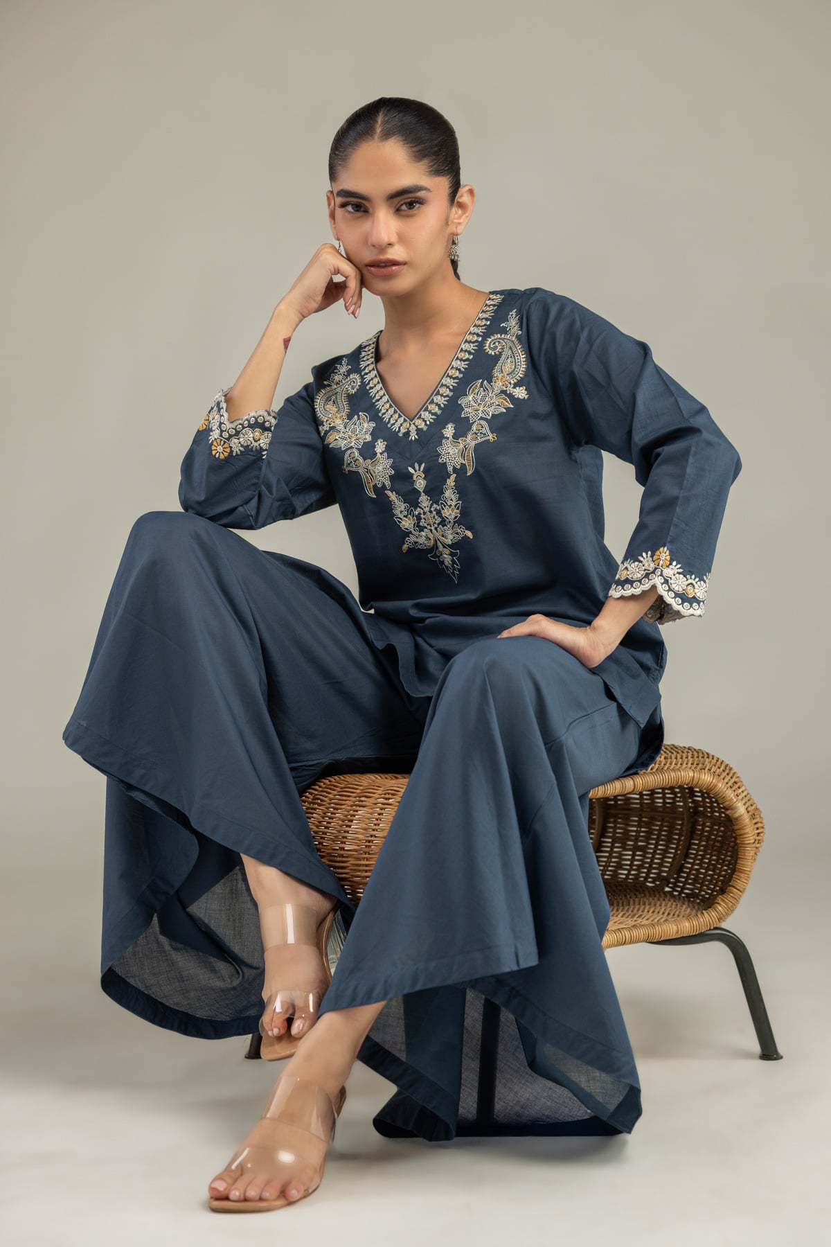 Embroidered Cambric Short Navy Kurta - 1-26-102-A-F-VG