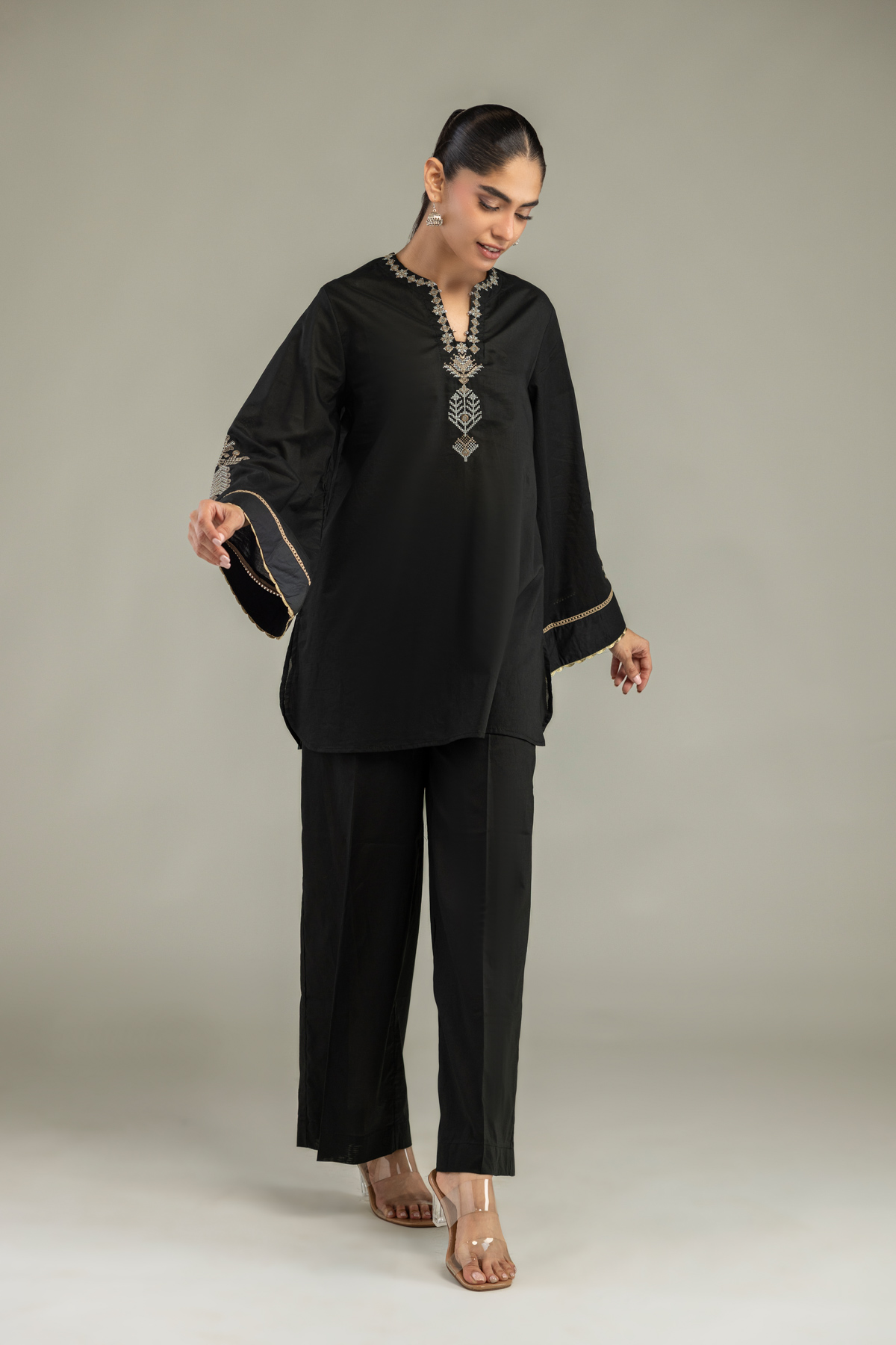 Embroidered Cambric Black Solid Pants - 1-26-102-A-F-VG