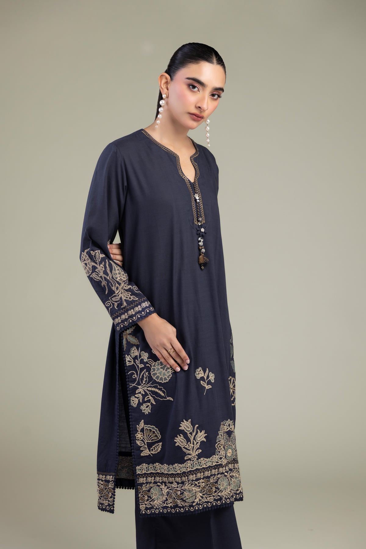 Embroidered Raw Silk Floral Navy Kurta - 1-26-309-B-D1-VG