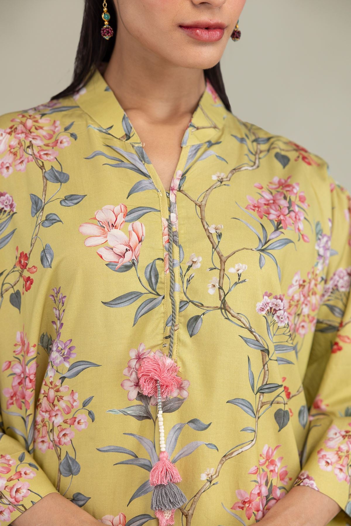 Printed Cotton Viscose Floral V-Neck Kurta - 2-26-304-B-D1-VG