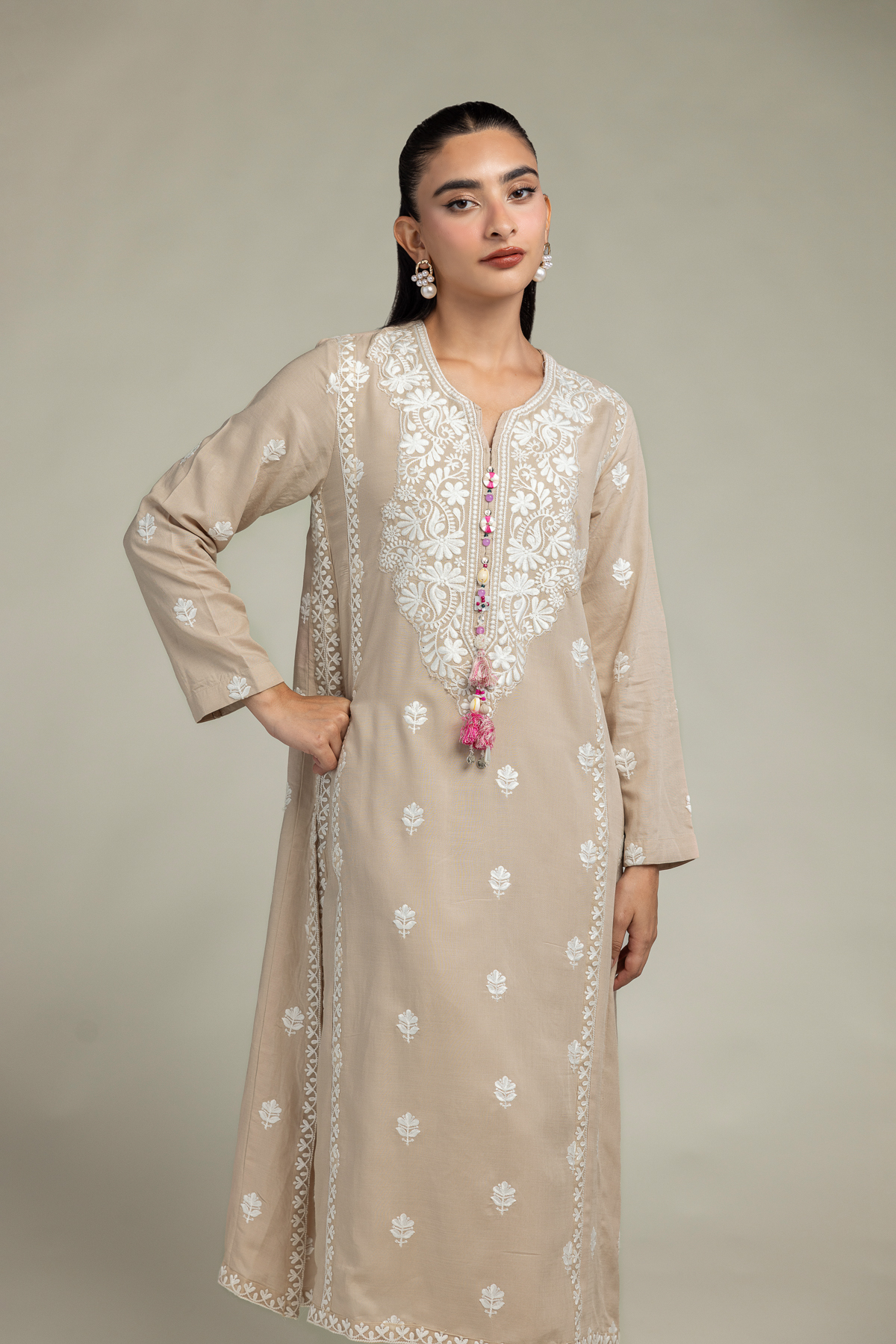 Embroidered Raw Silk Beige Embroidered Kurta - 1-26-330-A-I1-VG