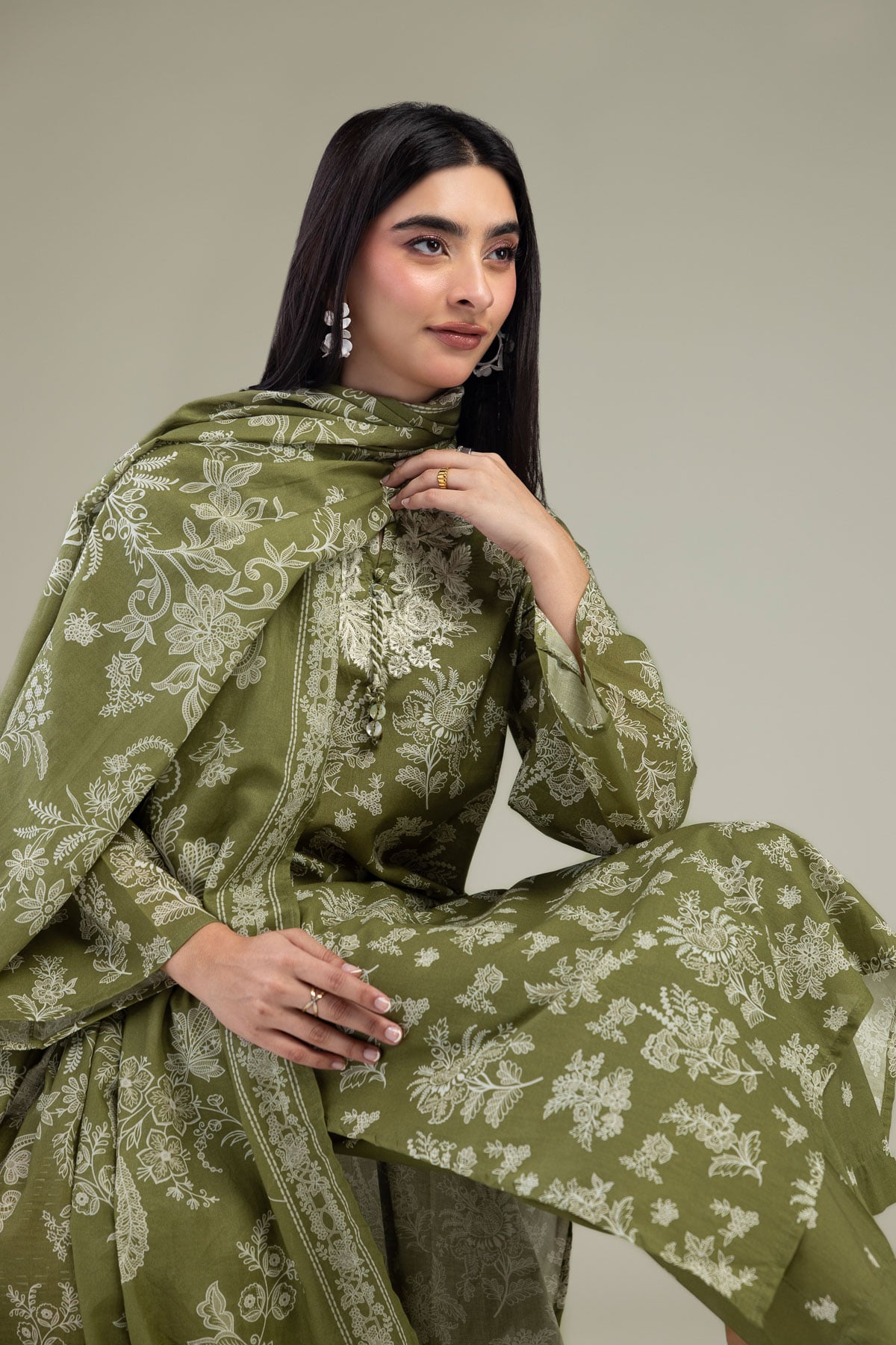 Embroidered Lawn Olive Floral Dupatta - 1-26-309-B-D1-VG
