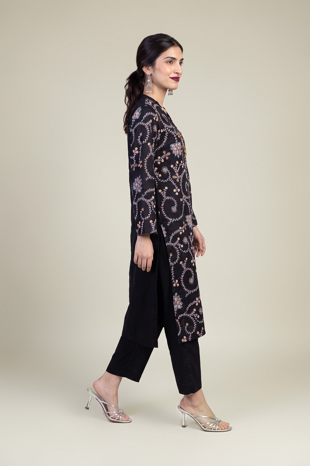 Embroidered Raw Silk Black Solid Pants - 1-26-102-A-F-VG