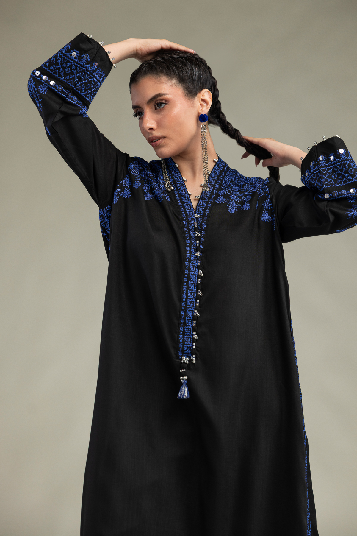 Embroidered Raw Silk V-Neck Longline Kurta - 1-26-322-B-A1-VG
