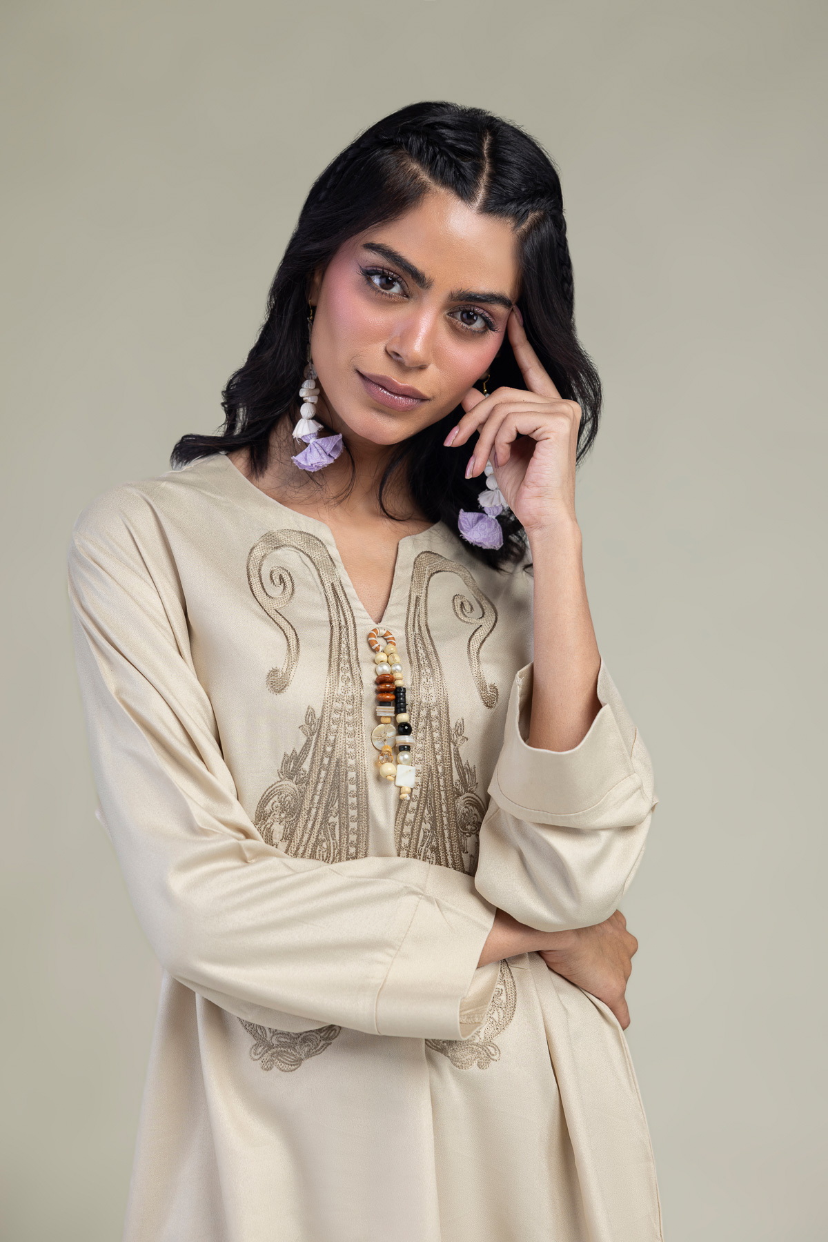 Embroidered Viscose Crepe Short V-Neck Tunic - 1-26-250-B-H1-VG