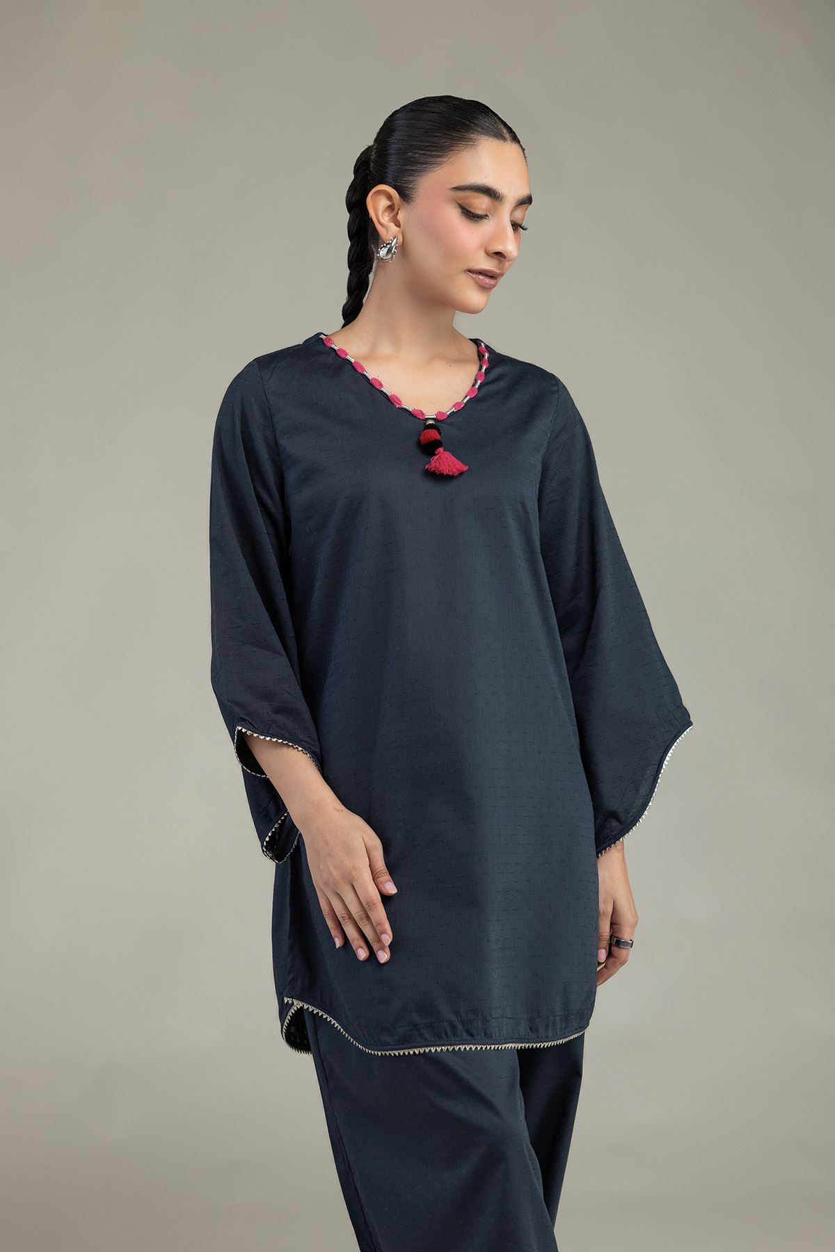 Embroidered Textured Cotton Viscose V-Neck Cotton Kurta - 1-26-236-A-J1-VG