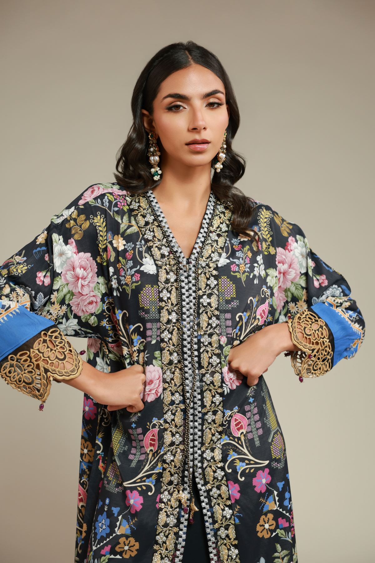 Embroidered Raw Silk 2 Piece Co-ord Set | Top and Bottom - 6-26-105-A-G-VG