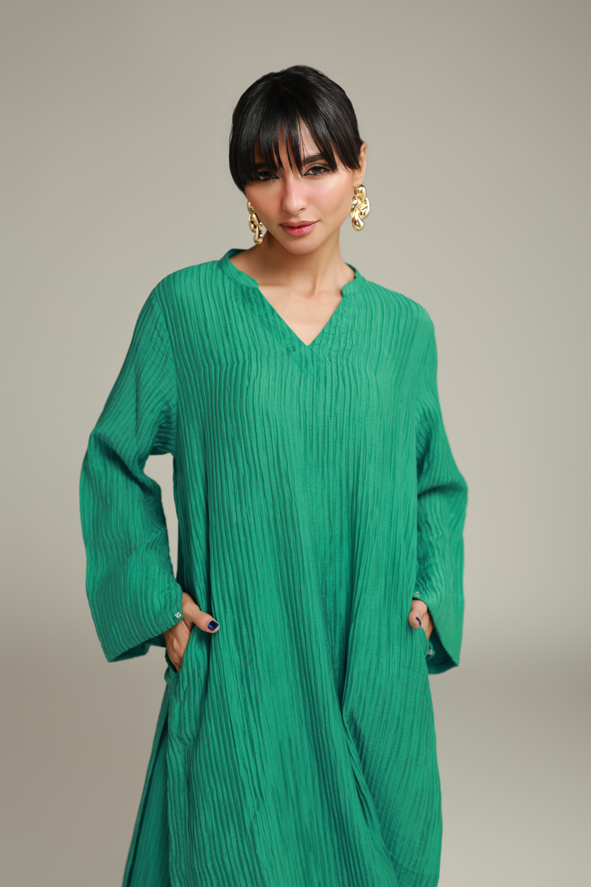 Dyed Blended Crinkle Solid Long Kurta - R-SB25056A-VG