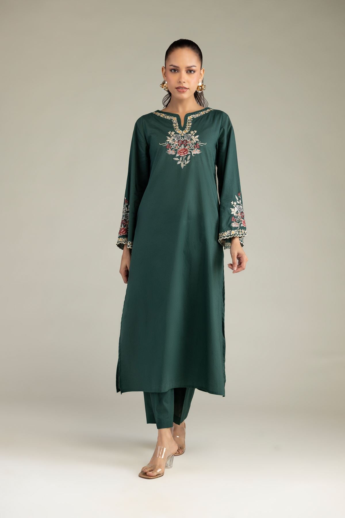 Embroidered Cambric Solid Green Pants - 1-26-328-B-A1-VG