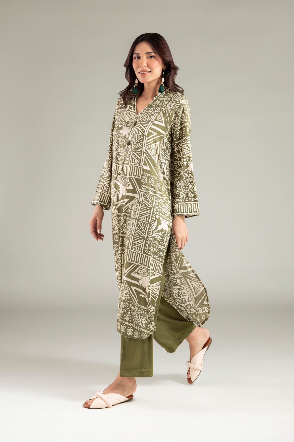 Printed Viscose Long V-Neck Kurta - 1-26-108-A-F-VG