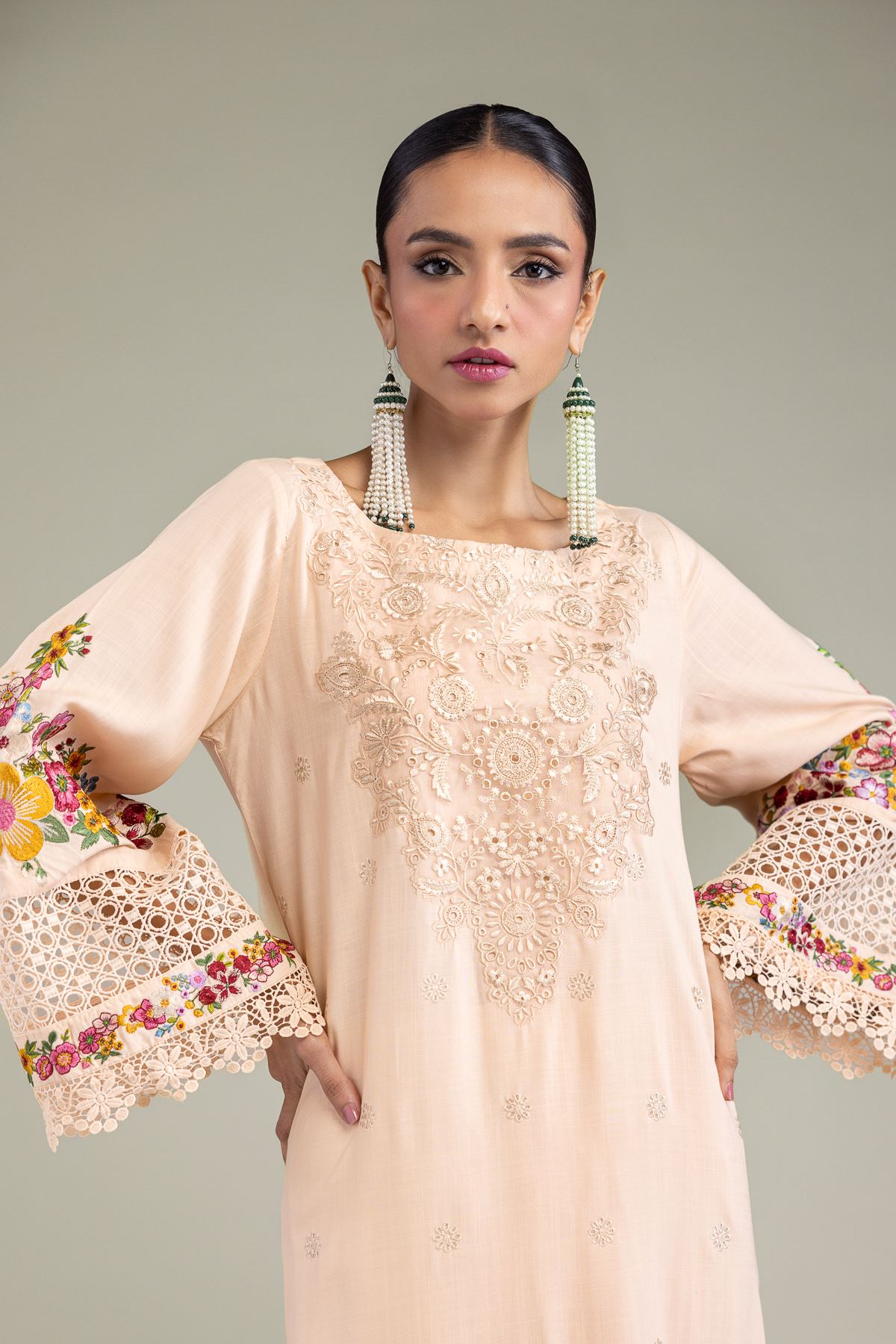 Embroidered Raw Silk Floral Silk Kurta - 8-26-204-A-D1-VG