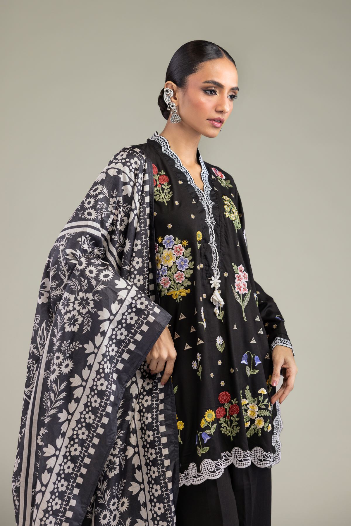 Embroidered Polyester Silk Floral Black Dupatta - 2-26-209-A-C1-VG