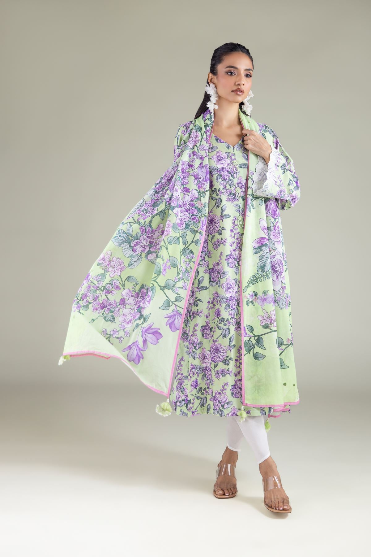 Embroidered Lawn Floral Tassel Dupatta - 1-26-127-A-C-VG