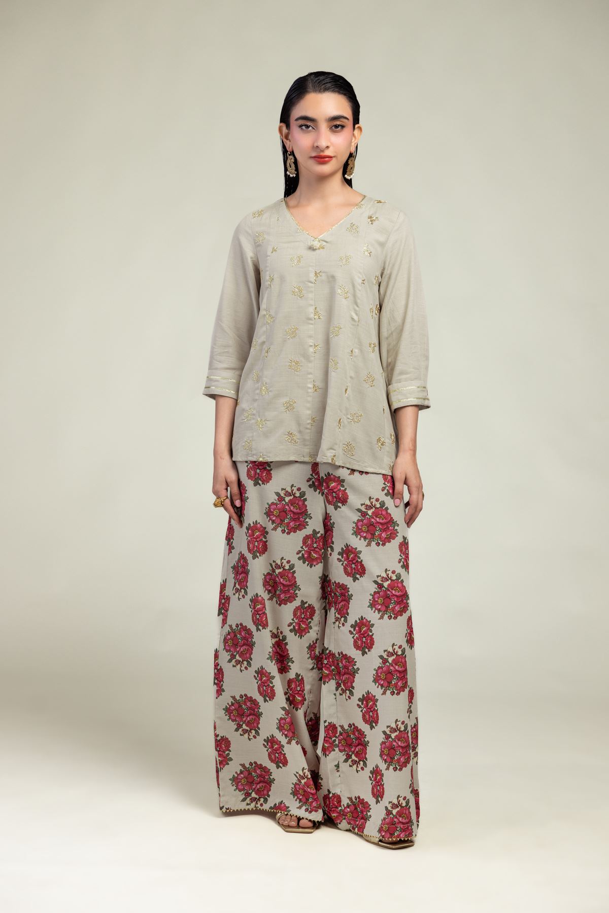 Embroidered Raw Silk Beige V-Neck Kurta - 2-26-201-A-A-VG