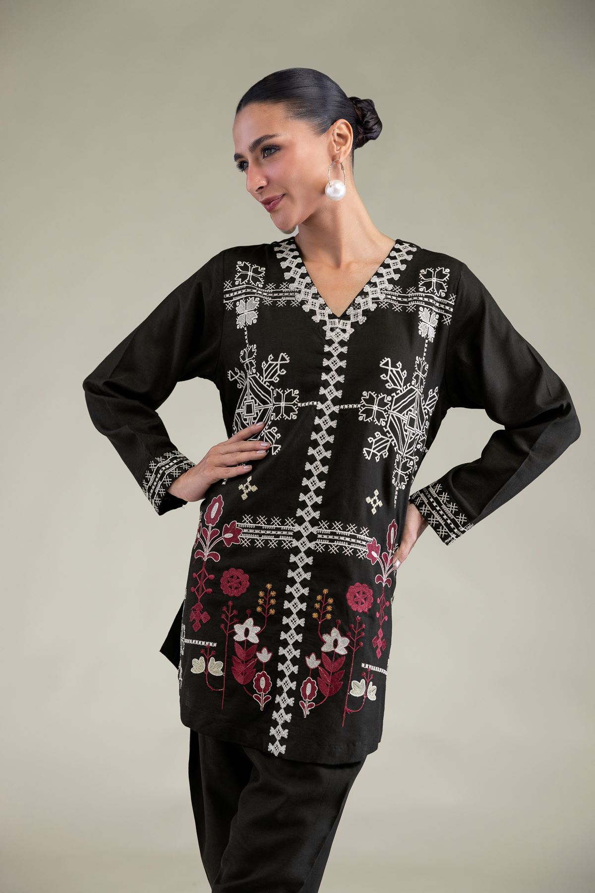 Embroidered Raw Silk Black Floral Kurta - 2-26-202-A-C-VG