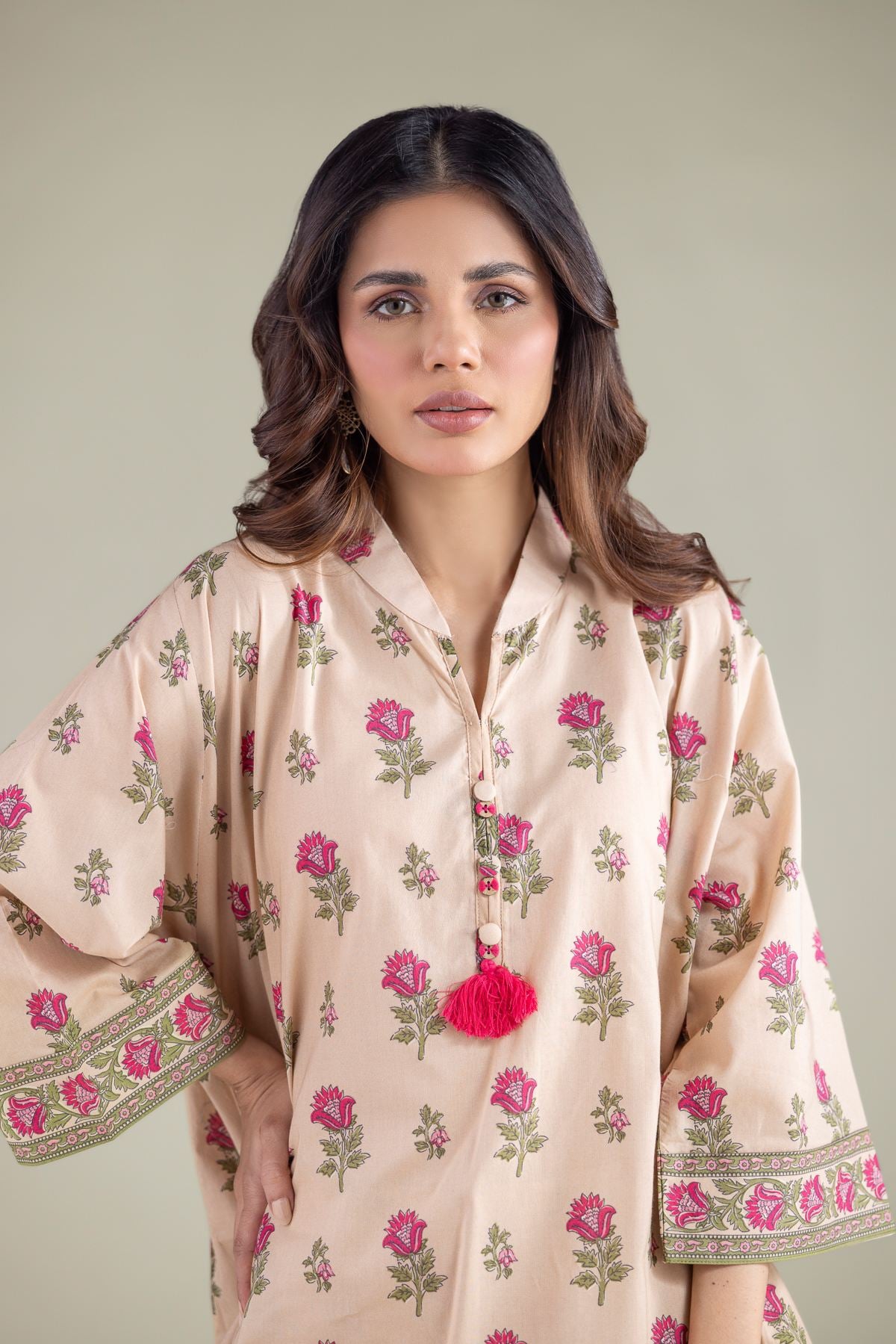 Printed Cambric Floral Tassel Kurta - 1-26-133-A-D-VG