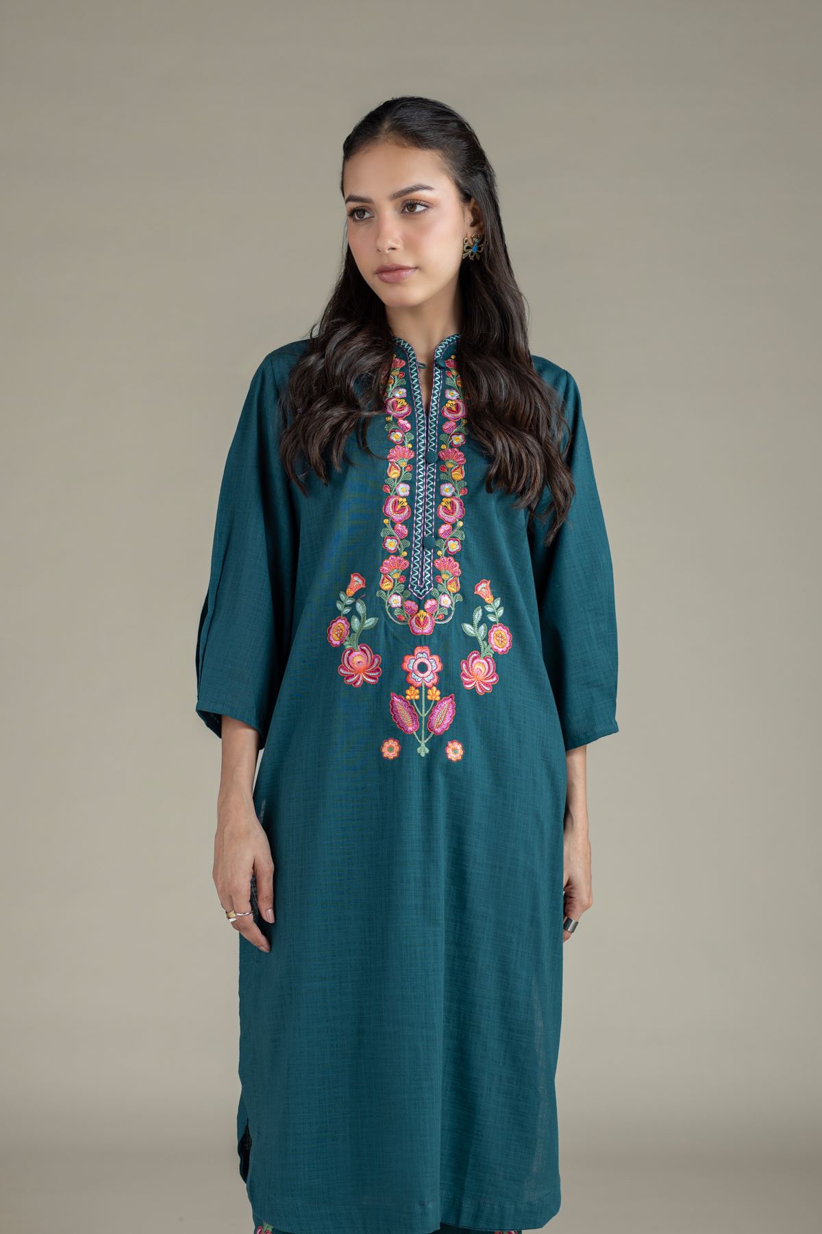 Embroidered Heavy Textured Cotton Kurta - EET24546B-VG
