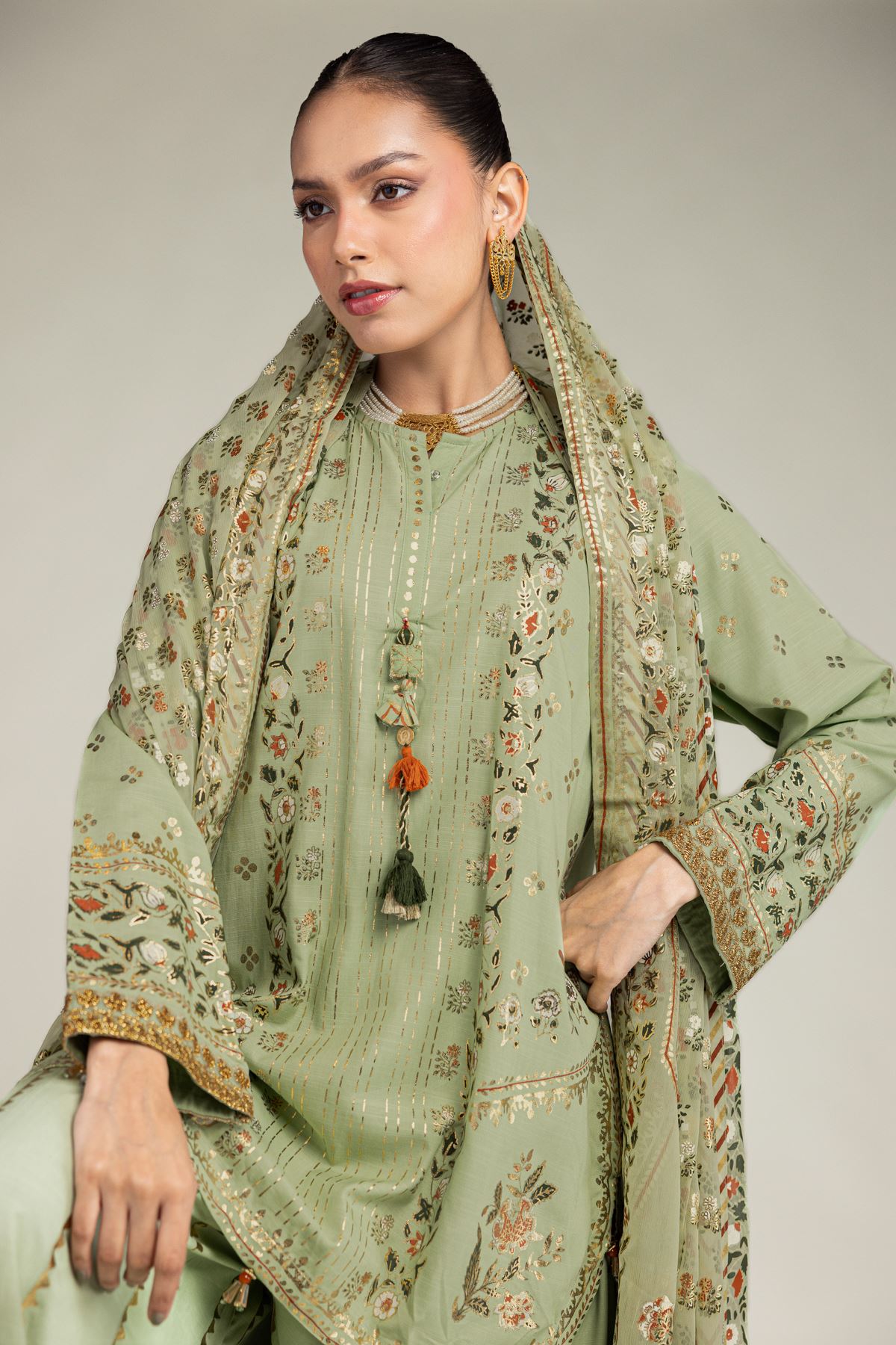 Embroidered Raw Silk 3 Piece Co-ord Set - 1-26-203-A-H1-VG