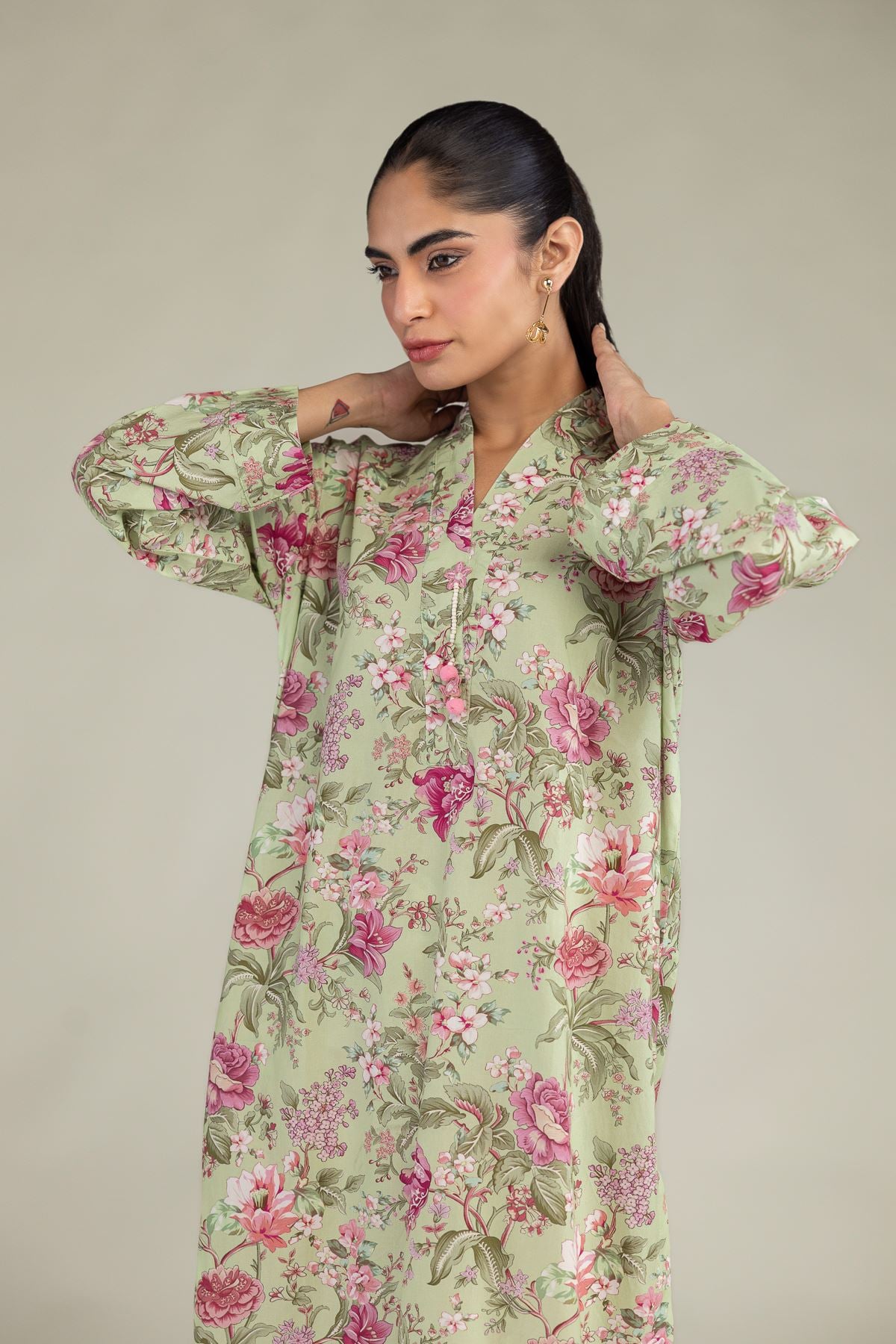 Printed Cotton Viscose Floral Longline Kurta - 1-26-244-A-D1-VG