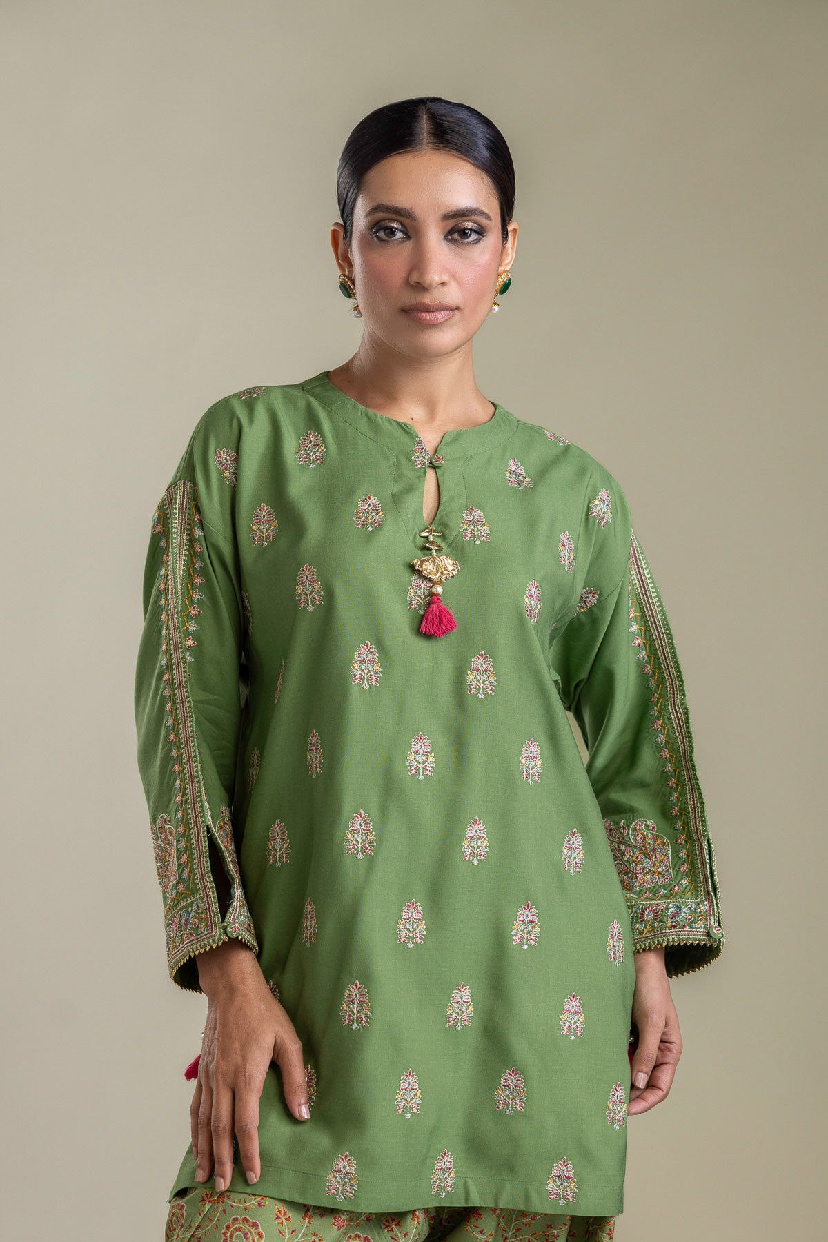 Embroidered Raw Silk Short Green Kurta - 2-26-403-A-J1-VG