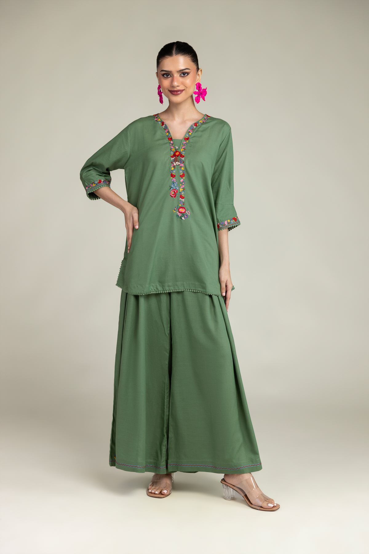 Embroidered Raw Silk Green Floral Kurta - T-A11-26-118FI2-VG