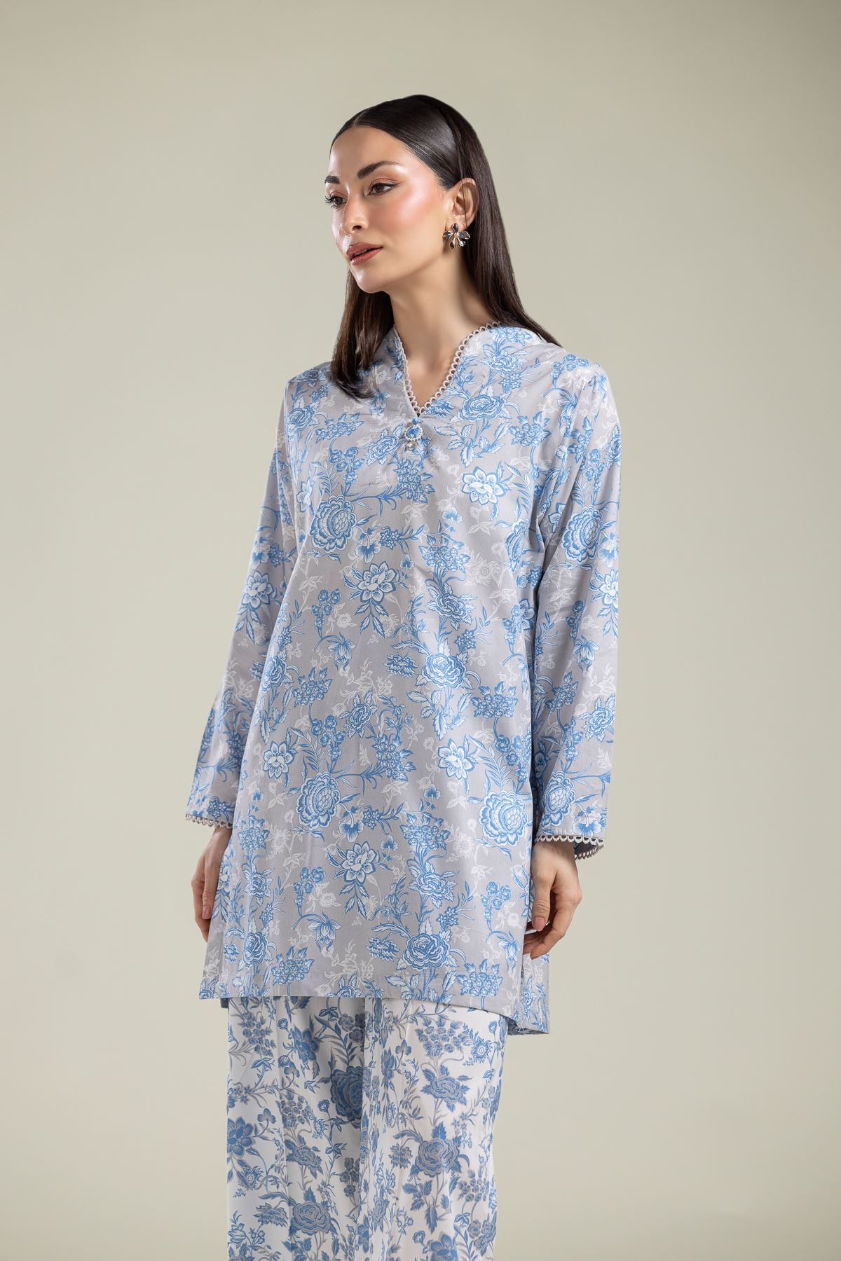 Printed Cotton Viscose Gray Floral Kurta - 1-26-204-A-A1-VG