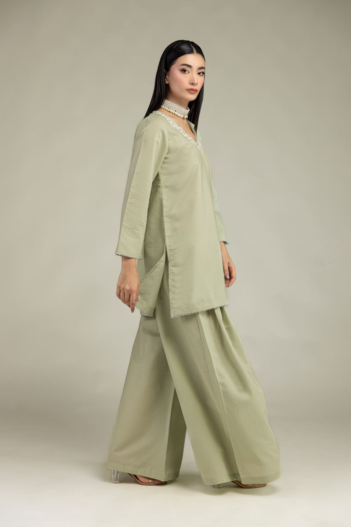 Embroidered Mesuri Solid Mint Pants - 8-26-206-B-A1-VG