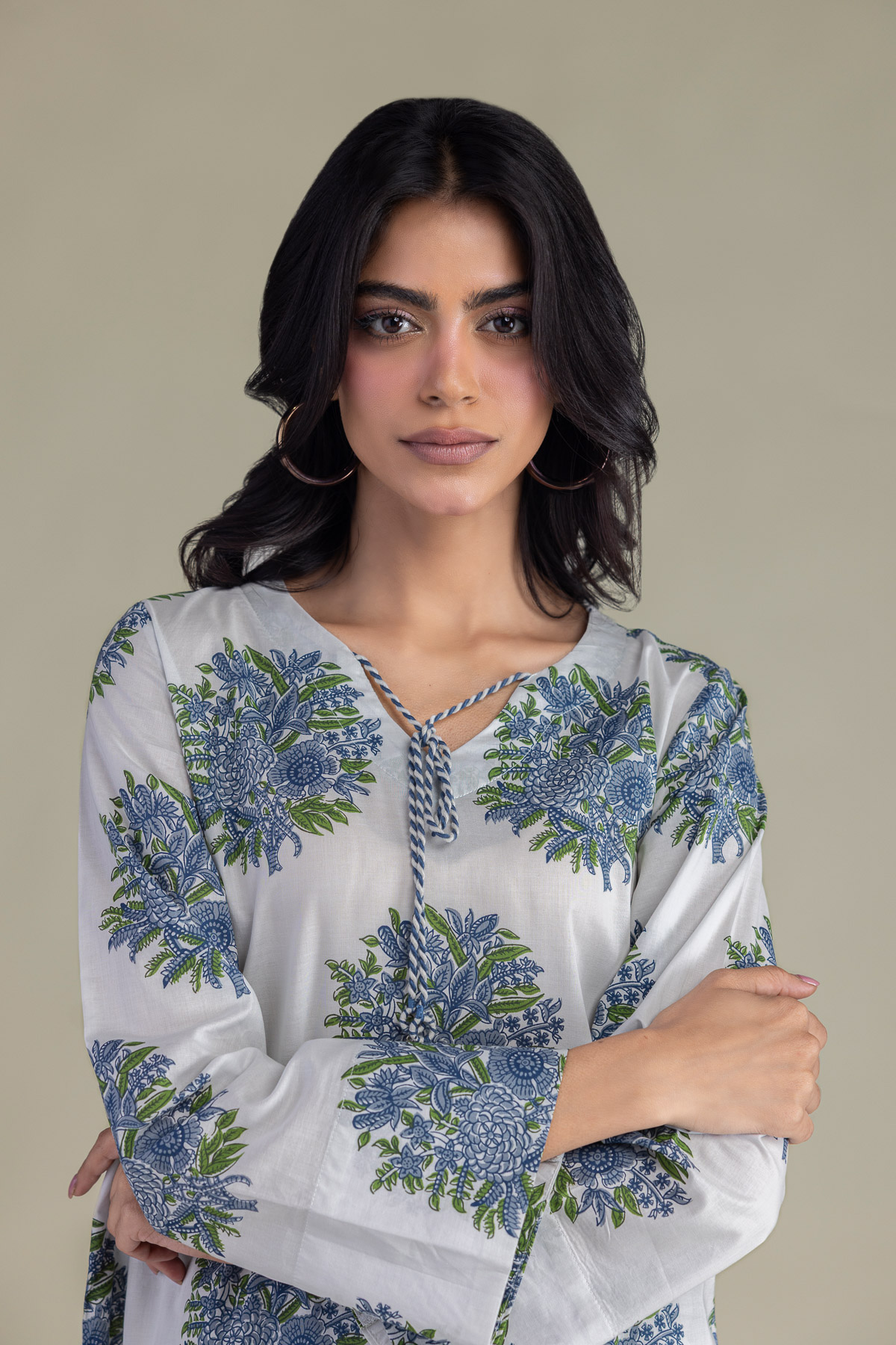 Printed Cambric Floral V-Neck Kurta - 1-26-309-B-D1-VG