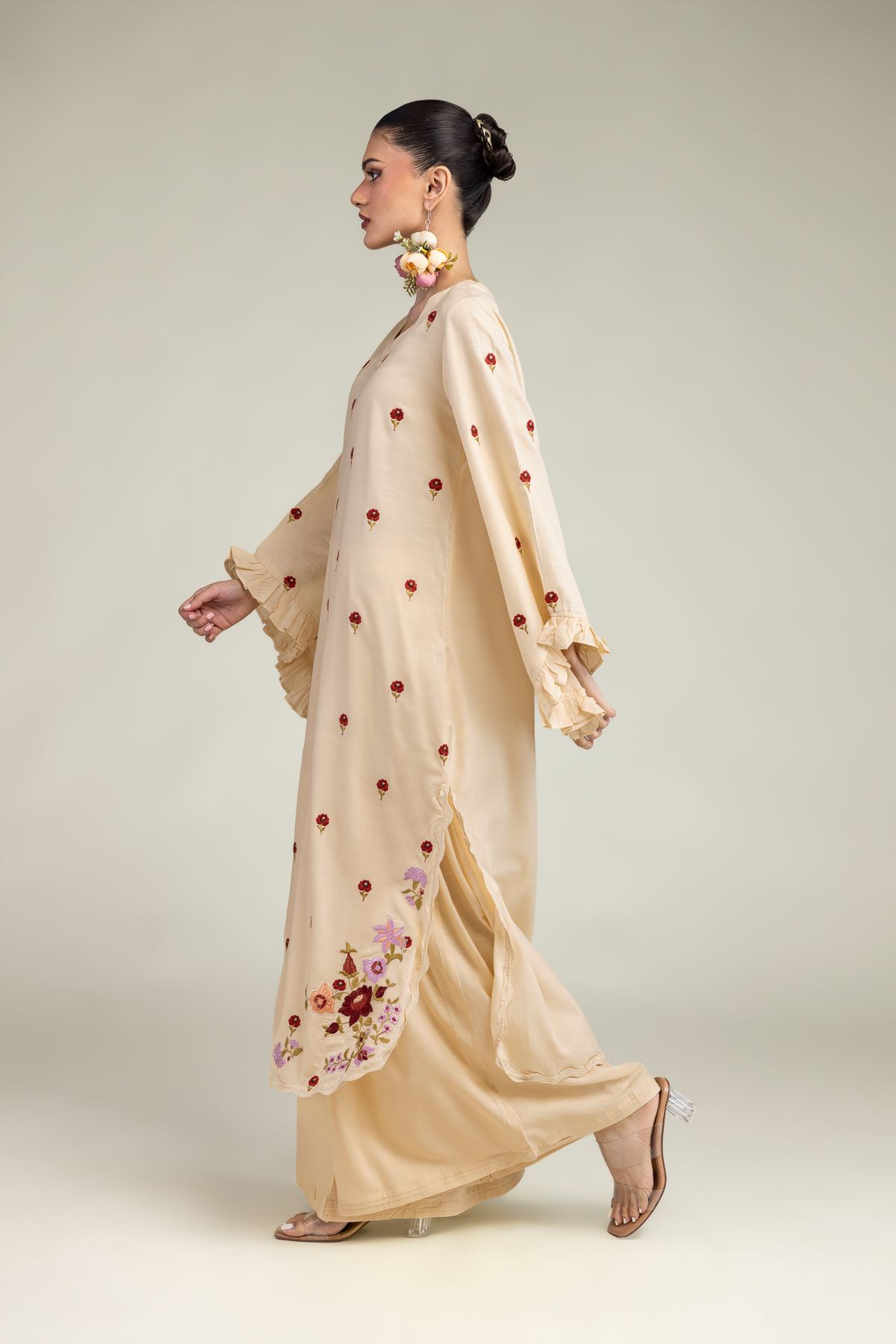Embroidered Raw Silk Beige Solid Pants - 1-26-203-A-F1-VG