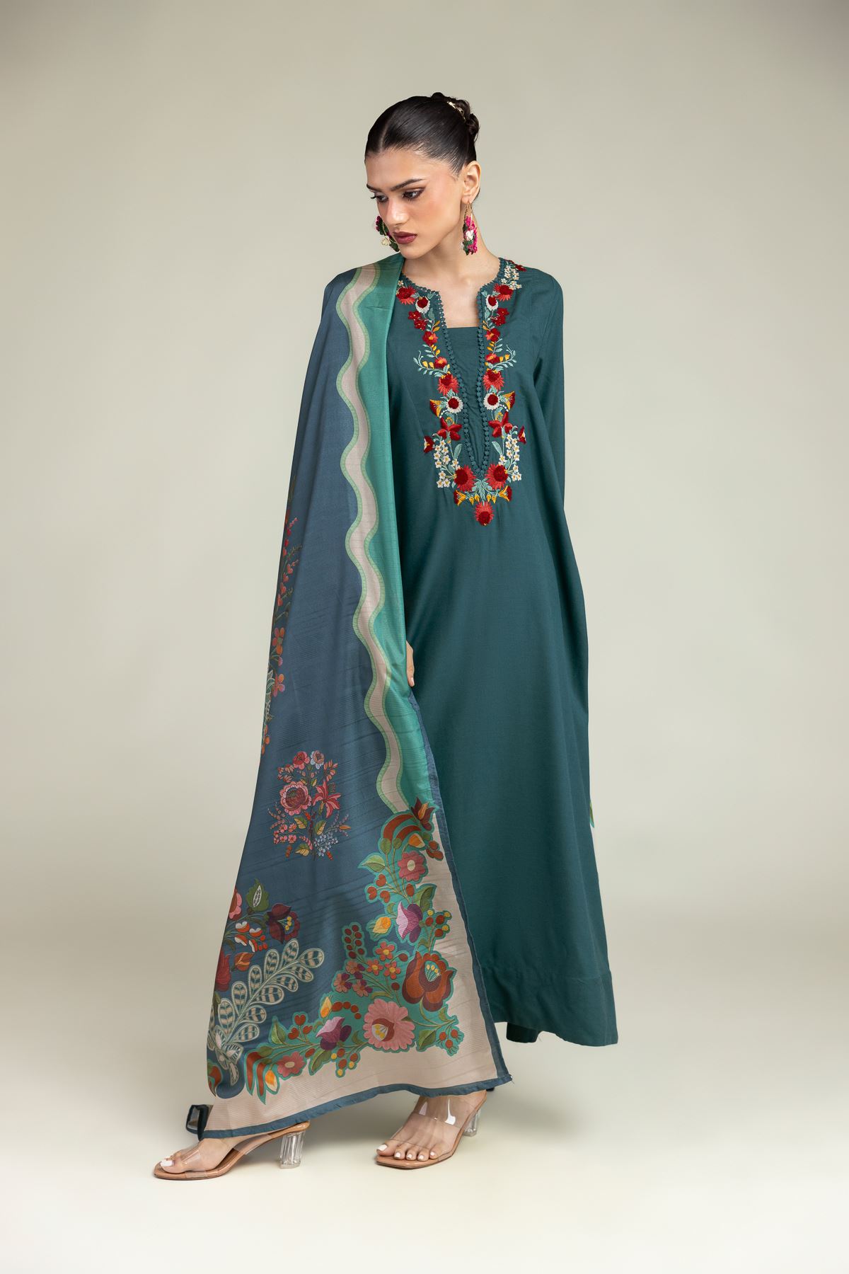 Embroidered Polyester Silk Floral Silk Dupatta - 1-26-203-A-G1-VG