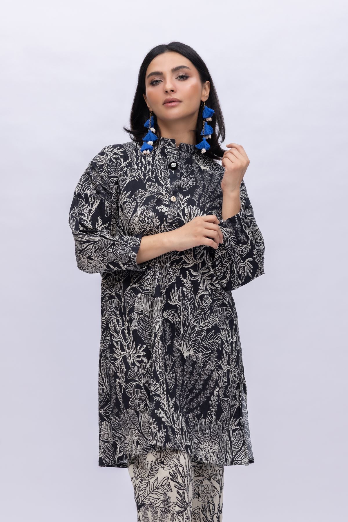 Printed Ripple Crinkle Long High-Neck Kurta - 25-08-8E4-01TA-VG