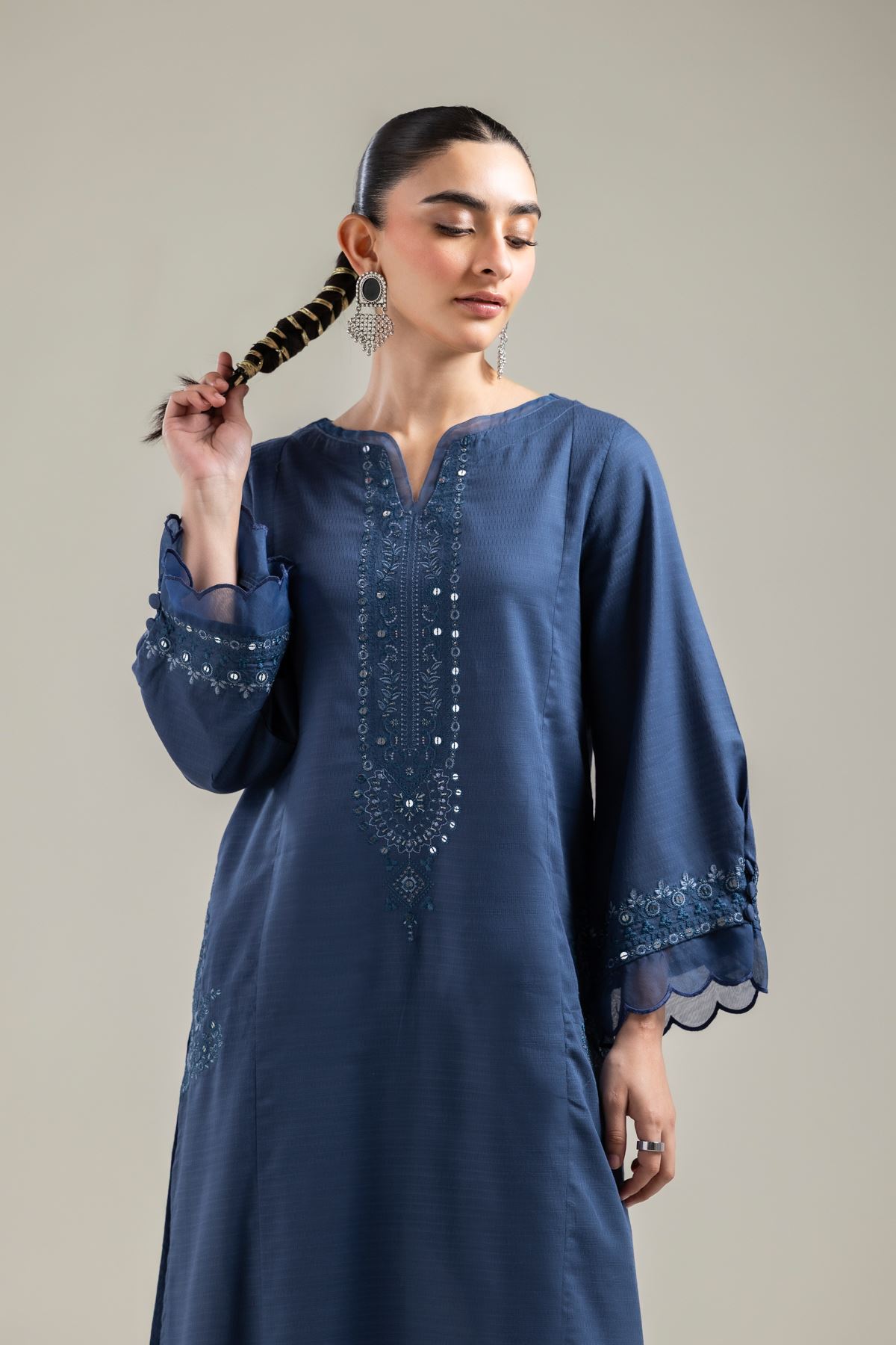 Embroidered Cotton Dobby Long Navy Kurta - T-A22-26-122FI1-VG