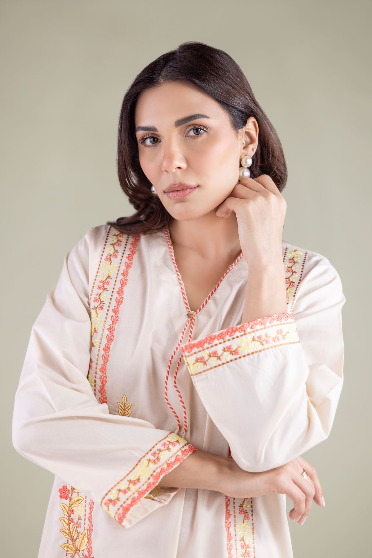 Embroidered Cambric Floral V-Neck Kurta - 1-26-127-A-A-VG